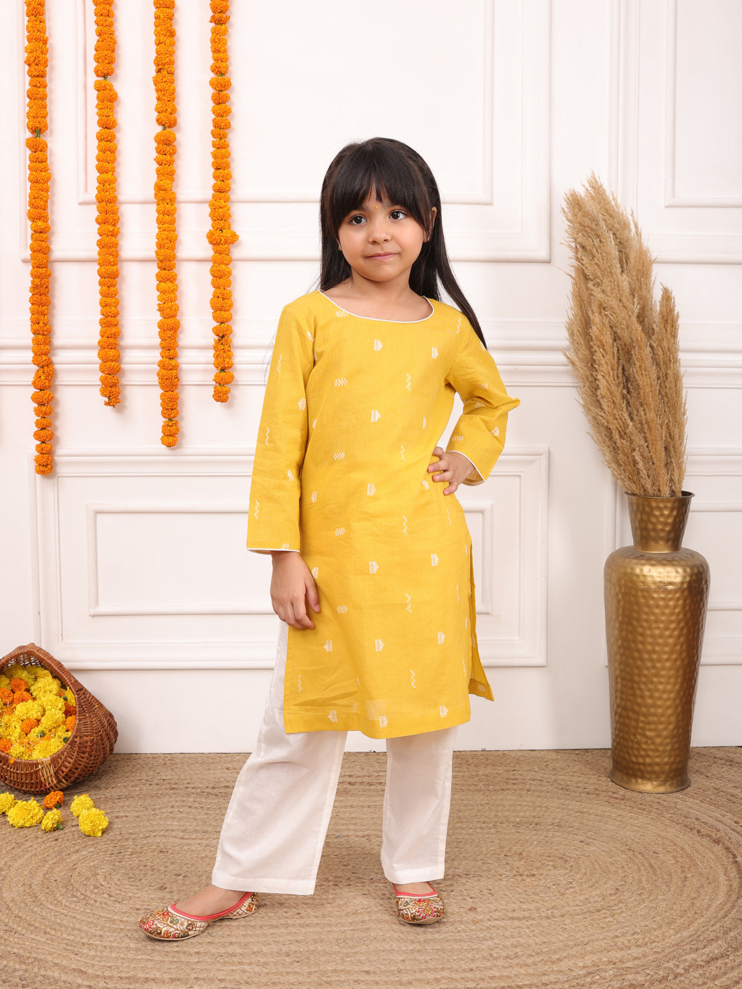 Girls Printed Full Sleeves Kurta Set-Dark Yellow
