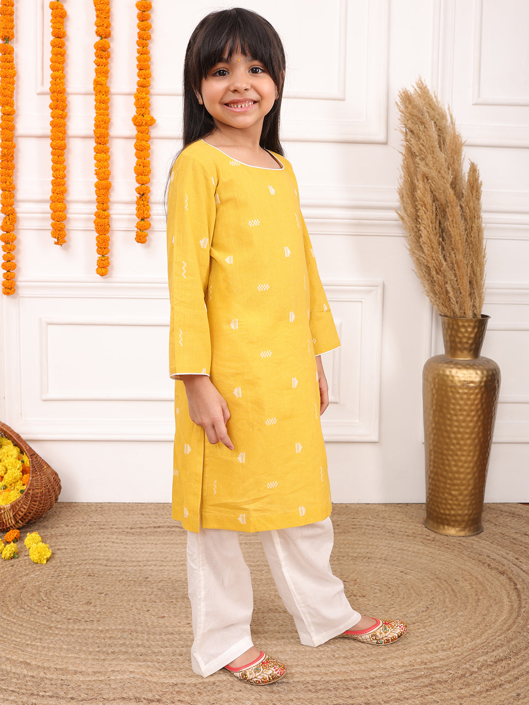 Girls Printed Full Sleeves Kurta Set-Dark Yellow