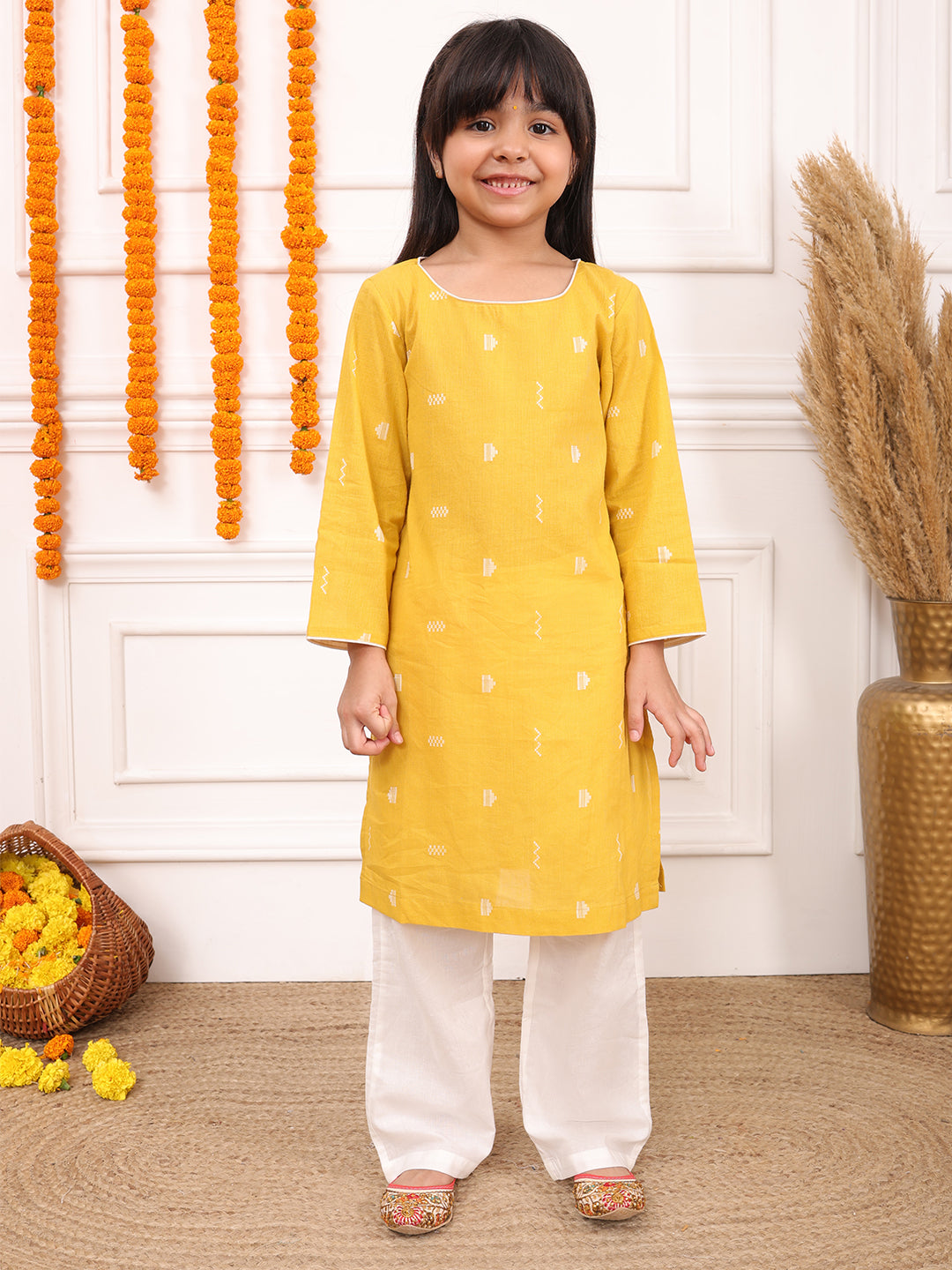 Girls Printed Full Sleeves Kurta Set-Dark Yellow