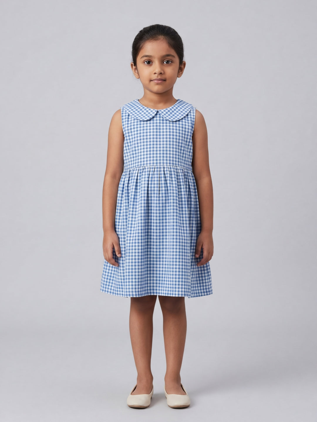 Girls Off White & Blue checked Knee Length Peter Pan Collar Dress