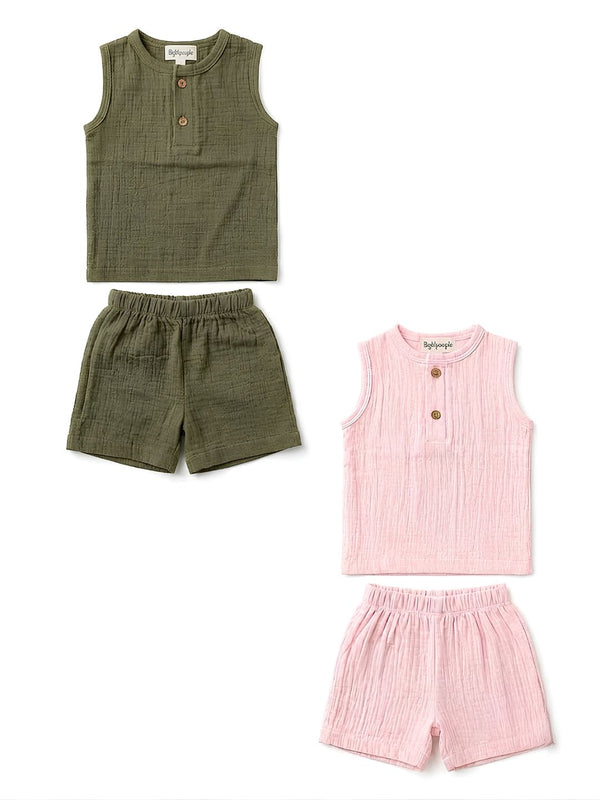 Biglilpeople Infant Muslin Co-ord Set Shirt & Shorts Pink & Olive - Pack of 2