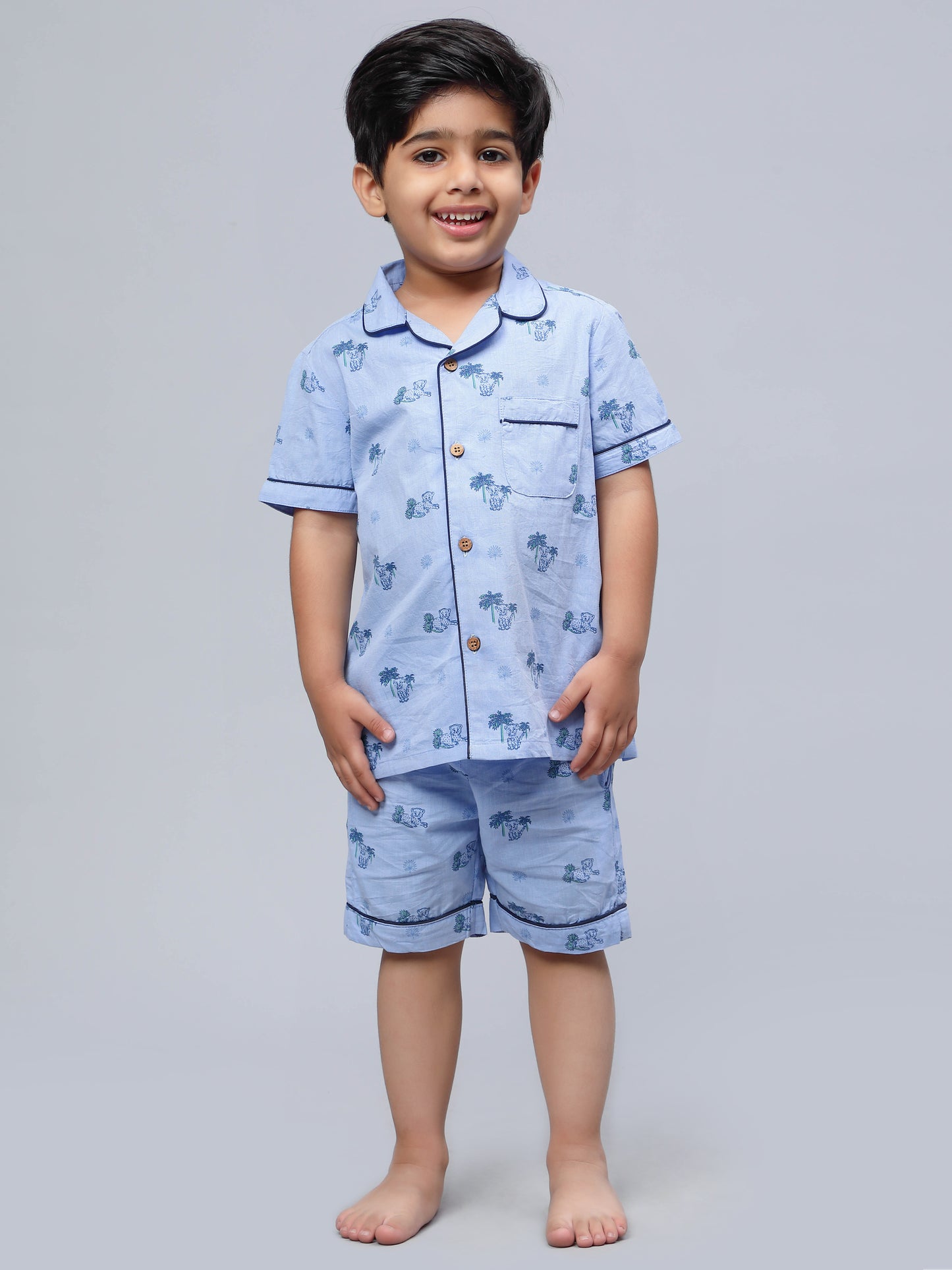Notched Lil Cub Print Night suit for Girls & Boys