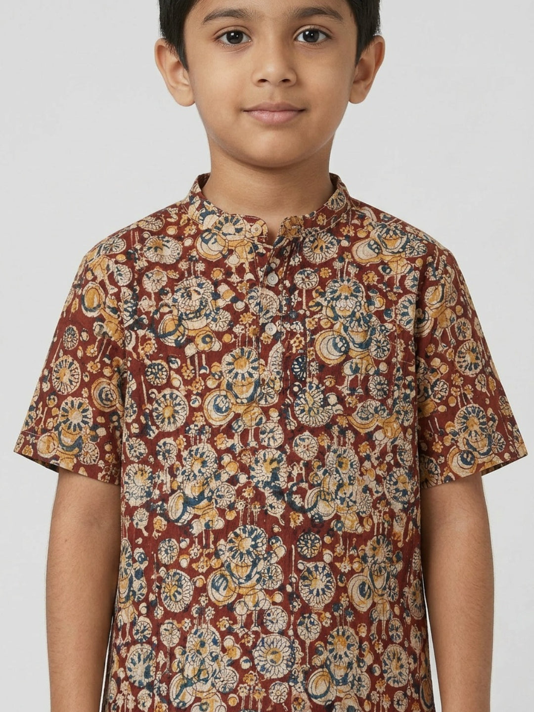 Biglilpeople Boys Ethnic Print Mandarin Collar Short Sleeves Shirt