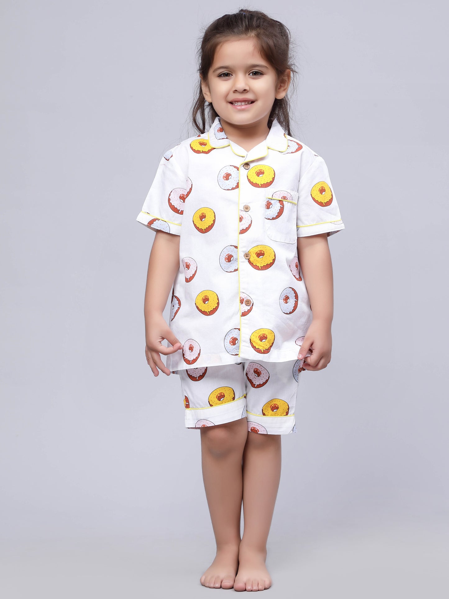 Notched Unisex Nightuit in Fun Donut Print- White