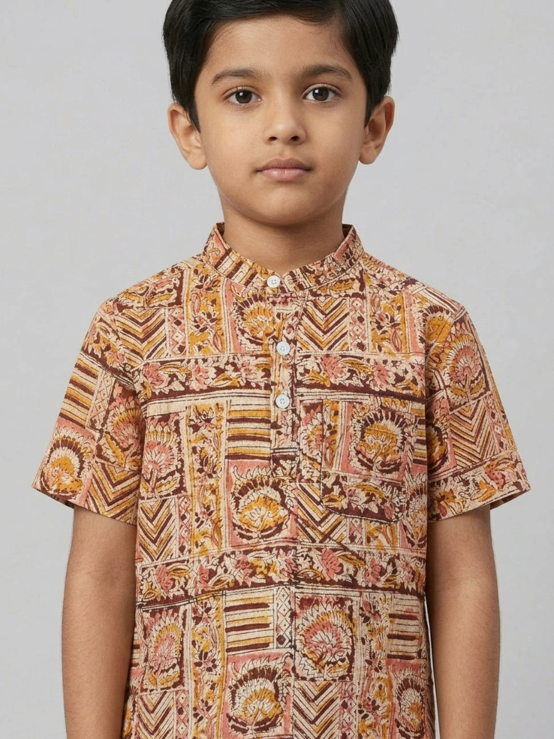 Biglilpeople Boys Ethnic Print Mandarin Collar Short Sleeves Shirt