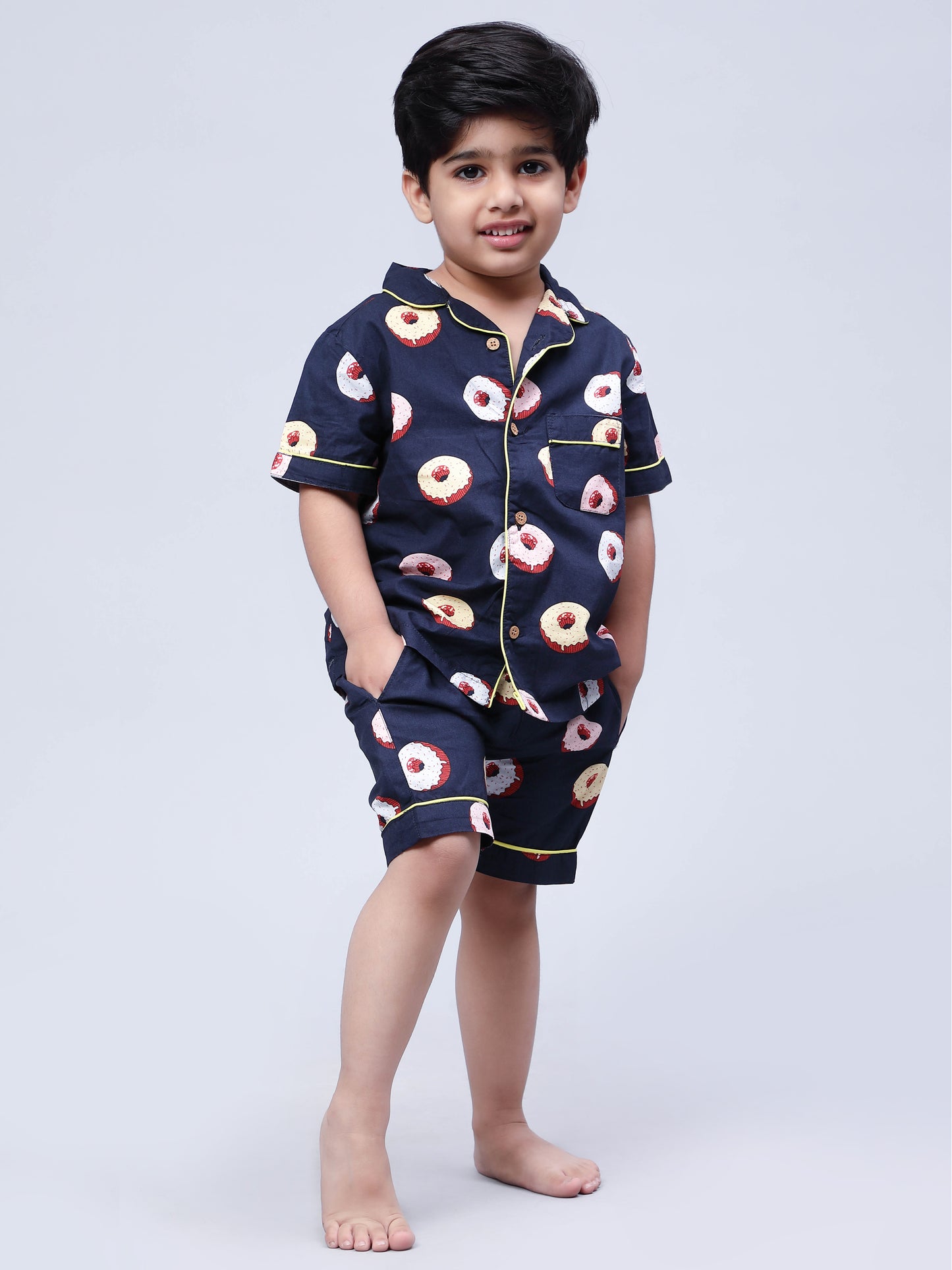 Notched Unisex Nightuit in Fun Donut Print- Navy