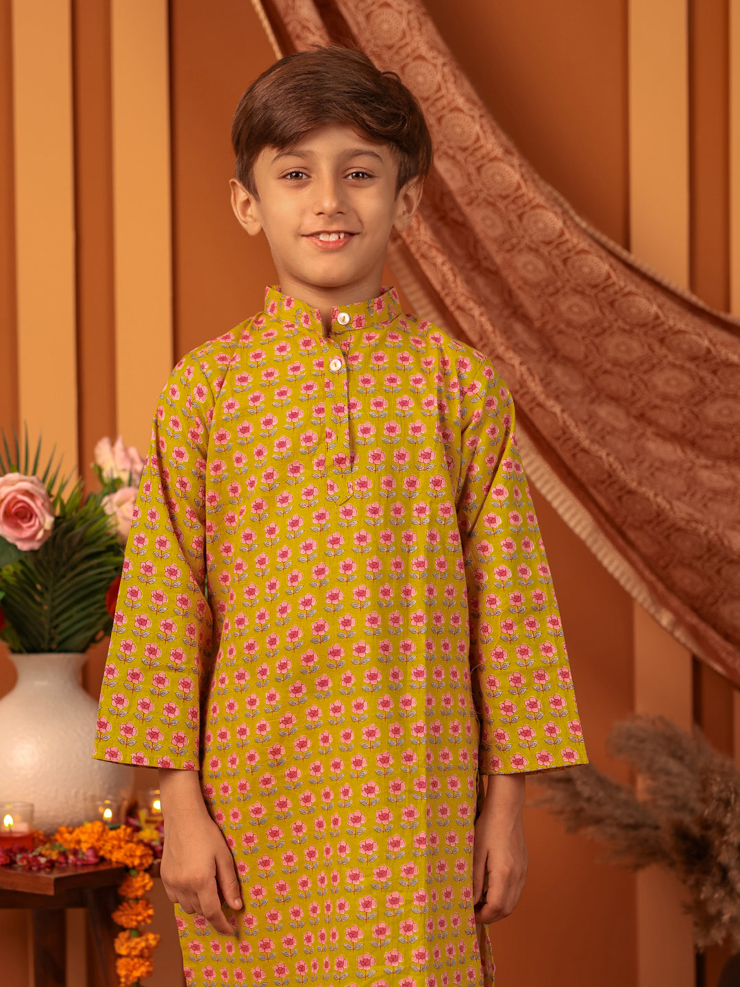 Boys Kurta Pyjama Printed Set in Cotton - Mustard Yellow