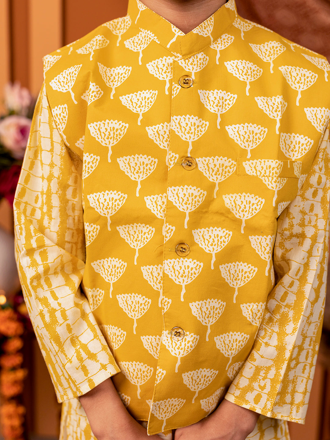 Boys Kurta Pyjama with Jacket in Handblock Print -Yellow