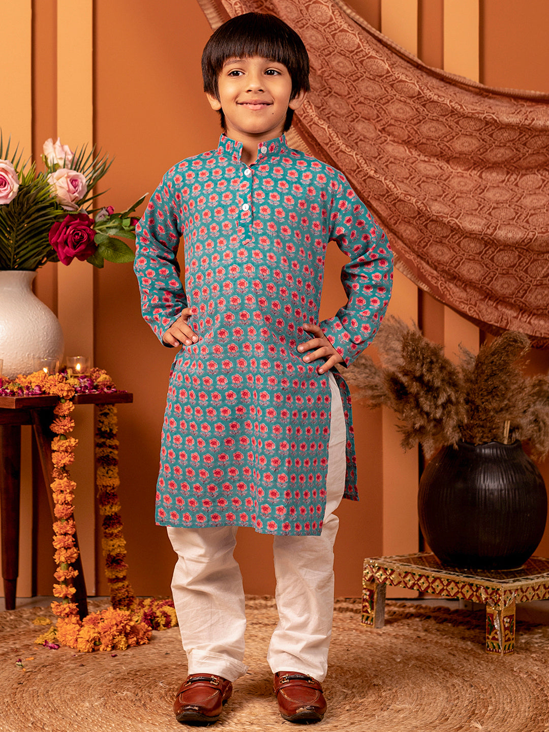 Boys Kurta Pyjama Printed Set in Cotton - Blue
