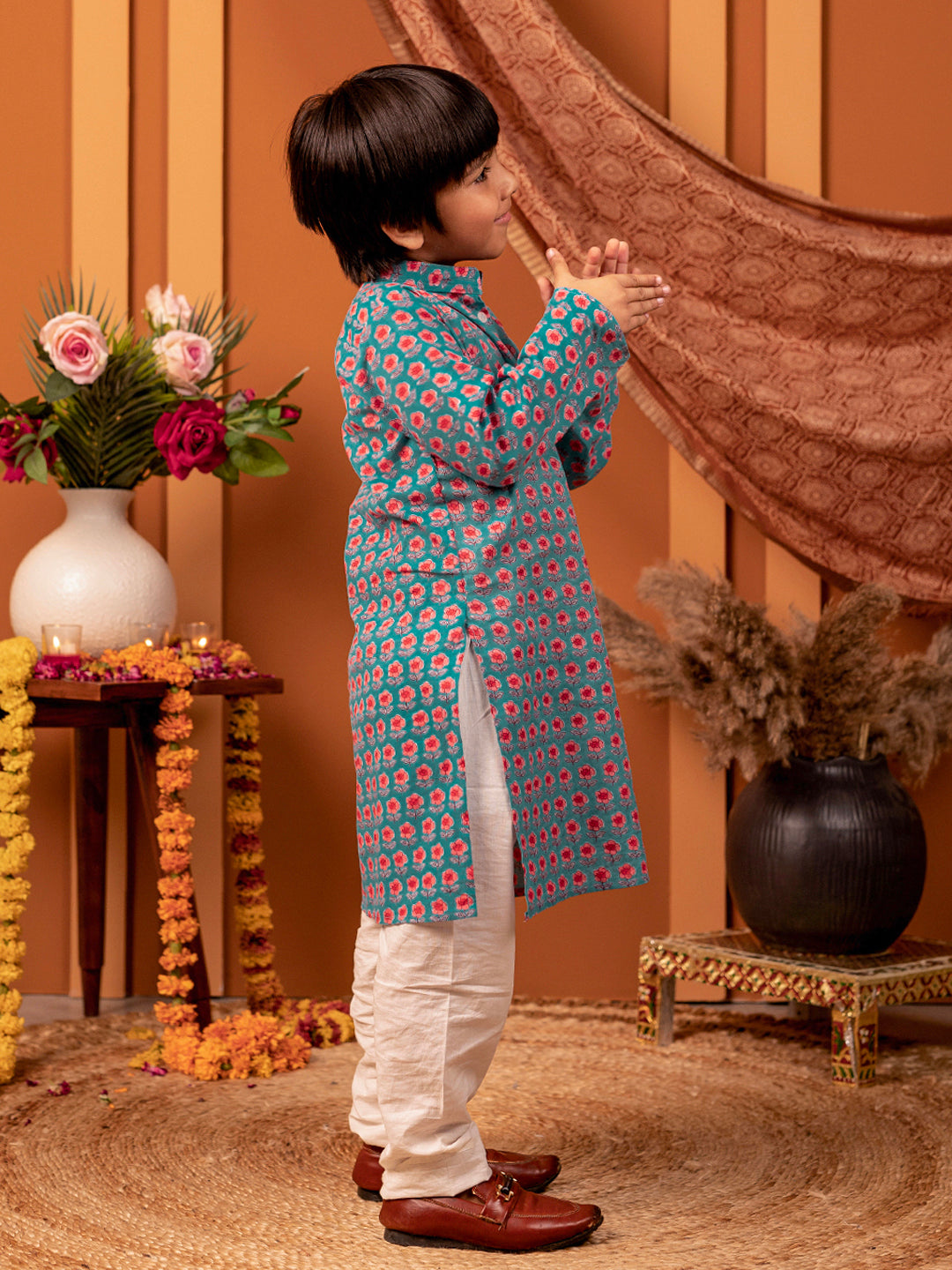 Boys Kurta Pyjama Printed Set in Cotton - Blue