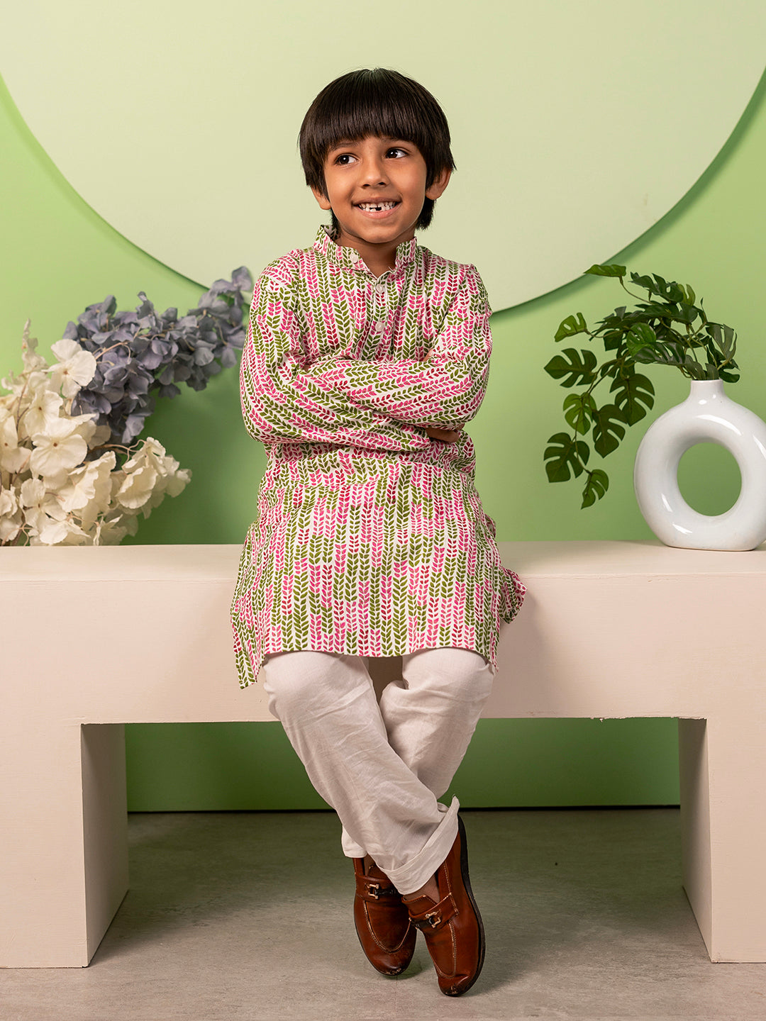 Boys Kurta Pyjama Set in Cotton - Purple & Green