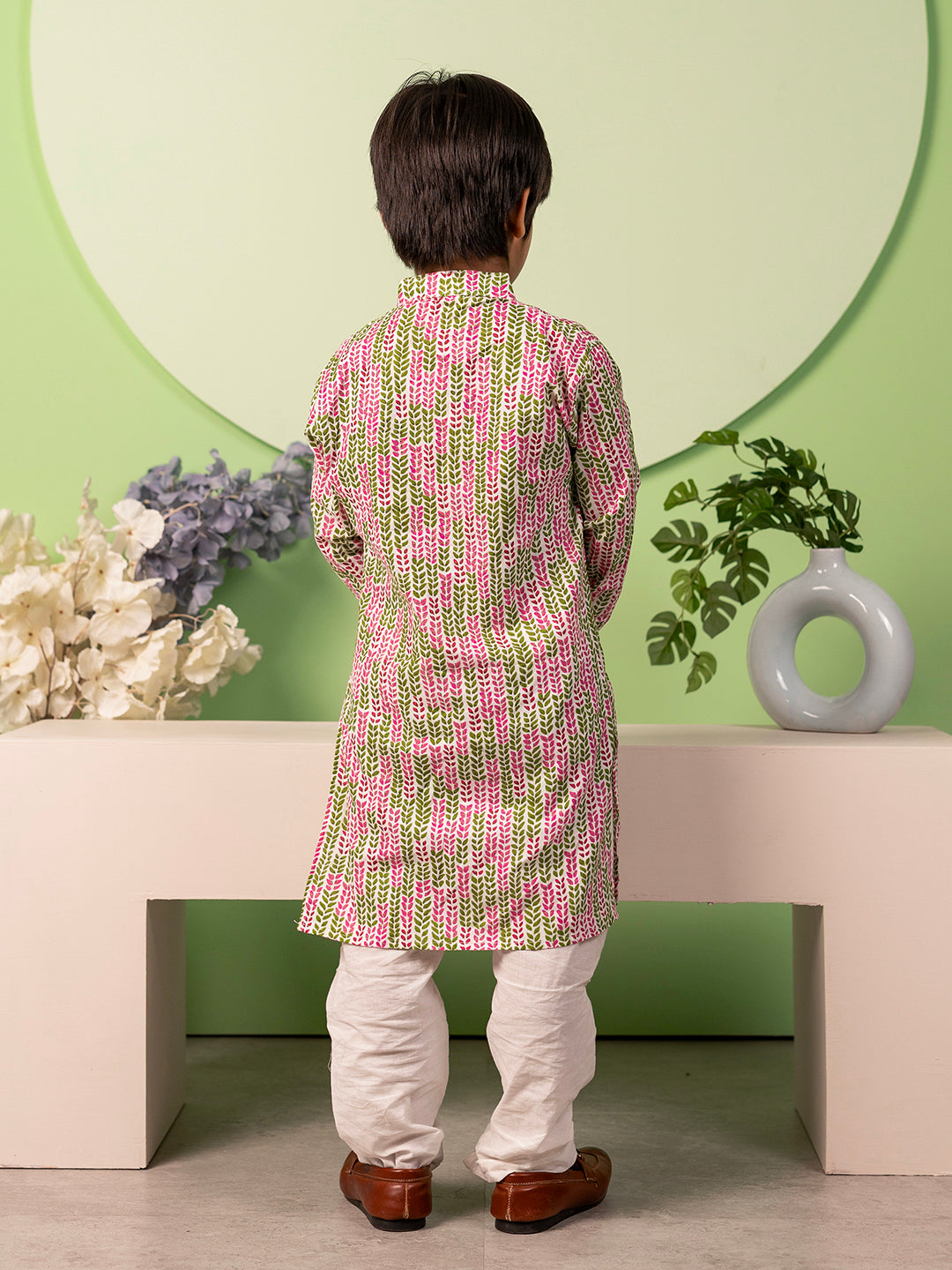 Boys Kurta Pyjama Set in Cotton - Purple & Green