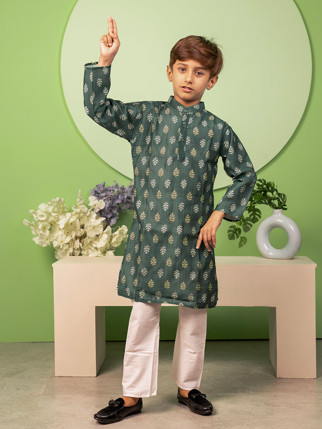 Boys Kurta Pyjama Set in Chanderi Cotton Silk- Green
