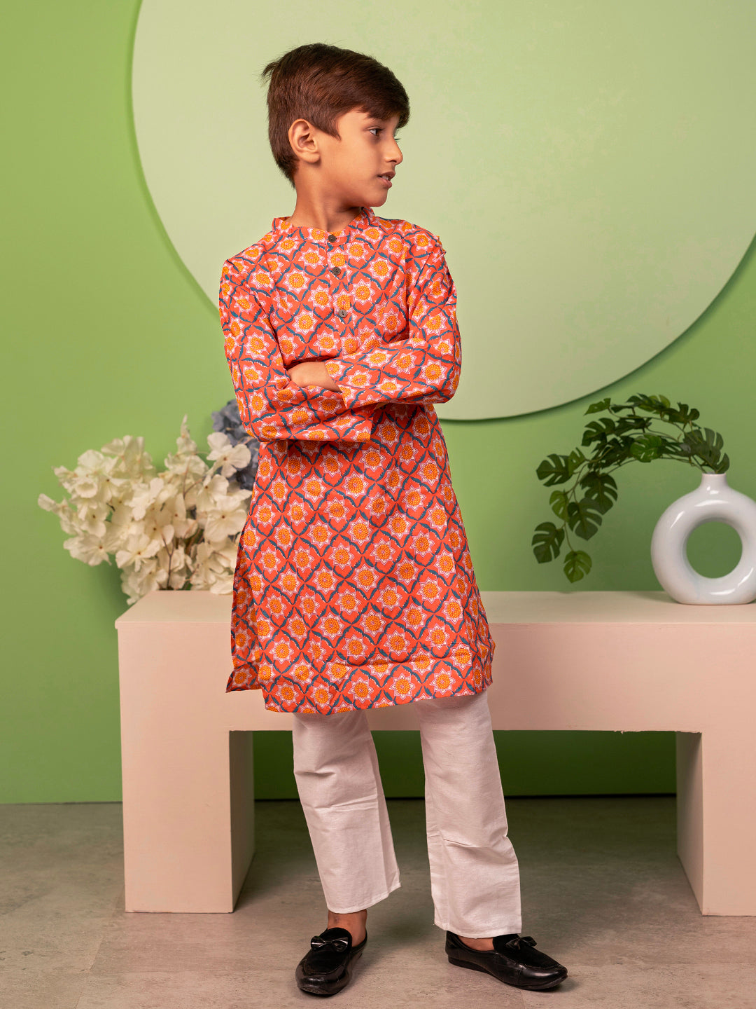 Boys Kurta Pyjama Set in Cotton - Orange