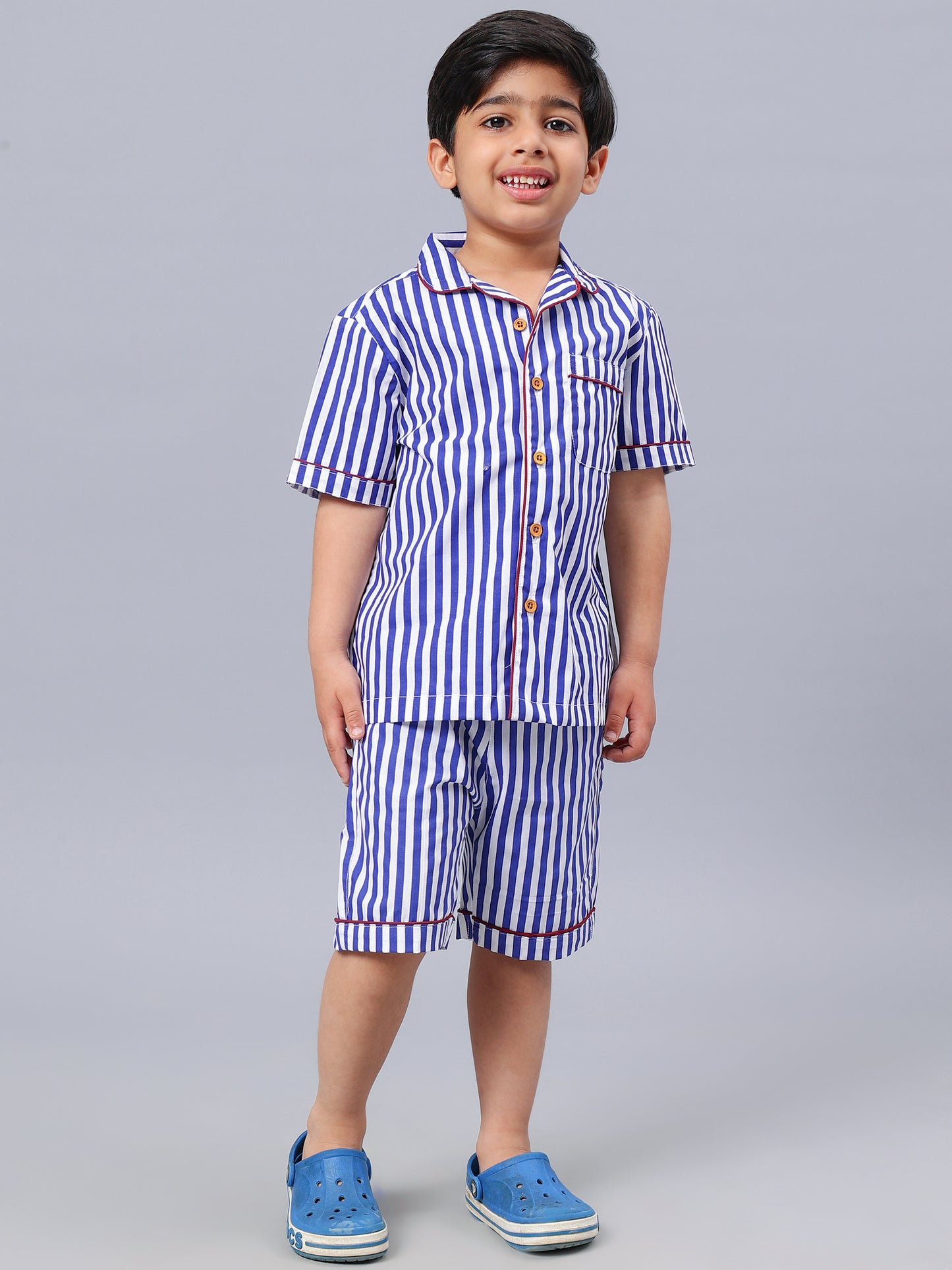 White & Blue Striped Night Suits For Girls & Boys