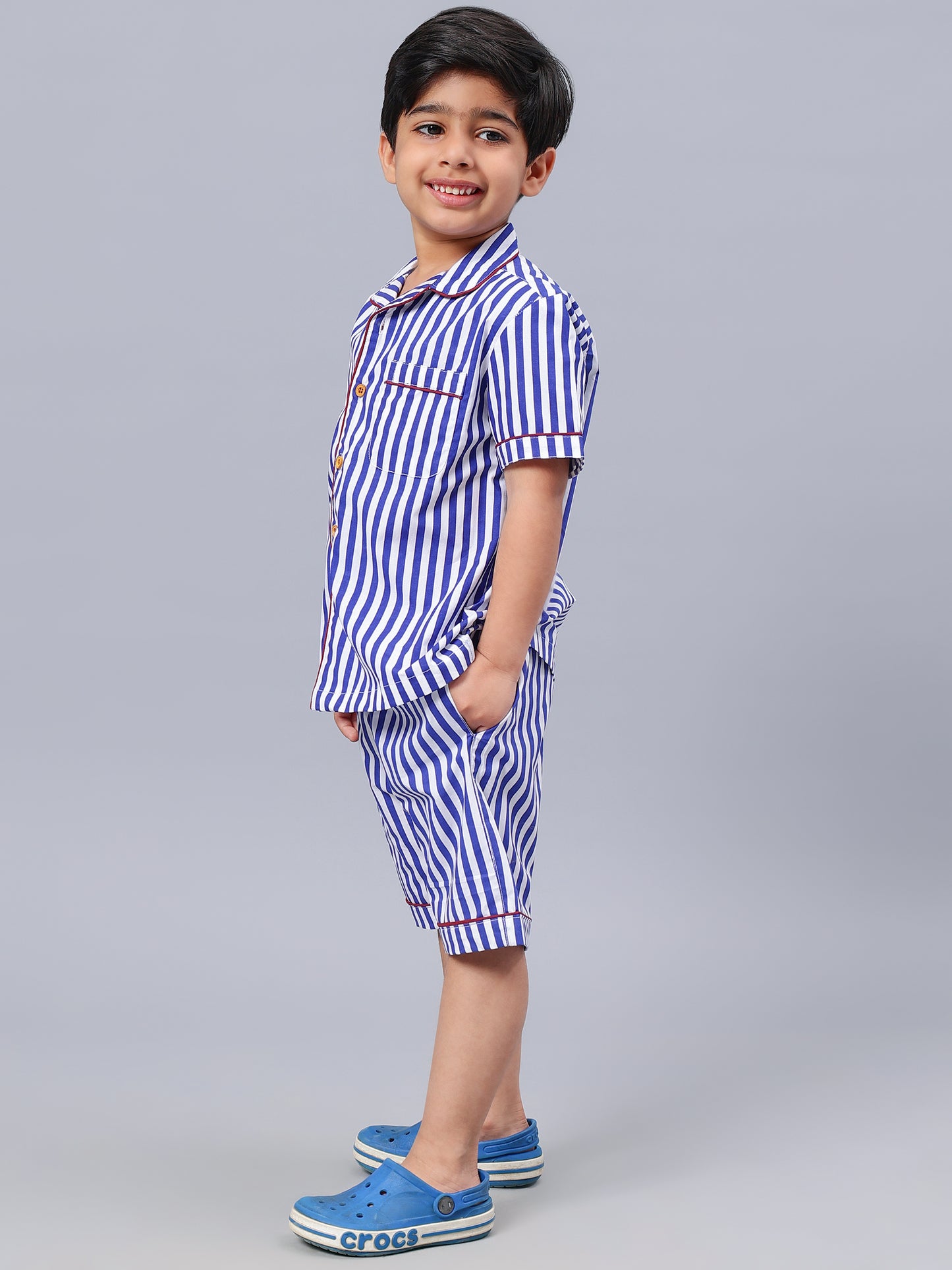 White & Blue Striped Night Suits For Girls & Boys