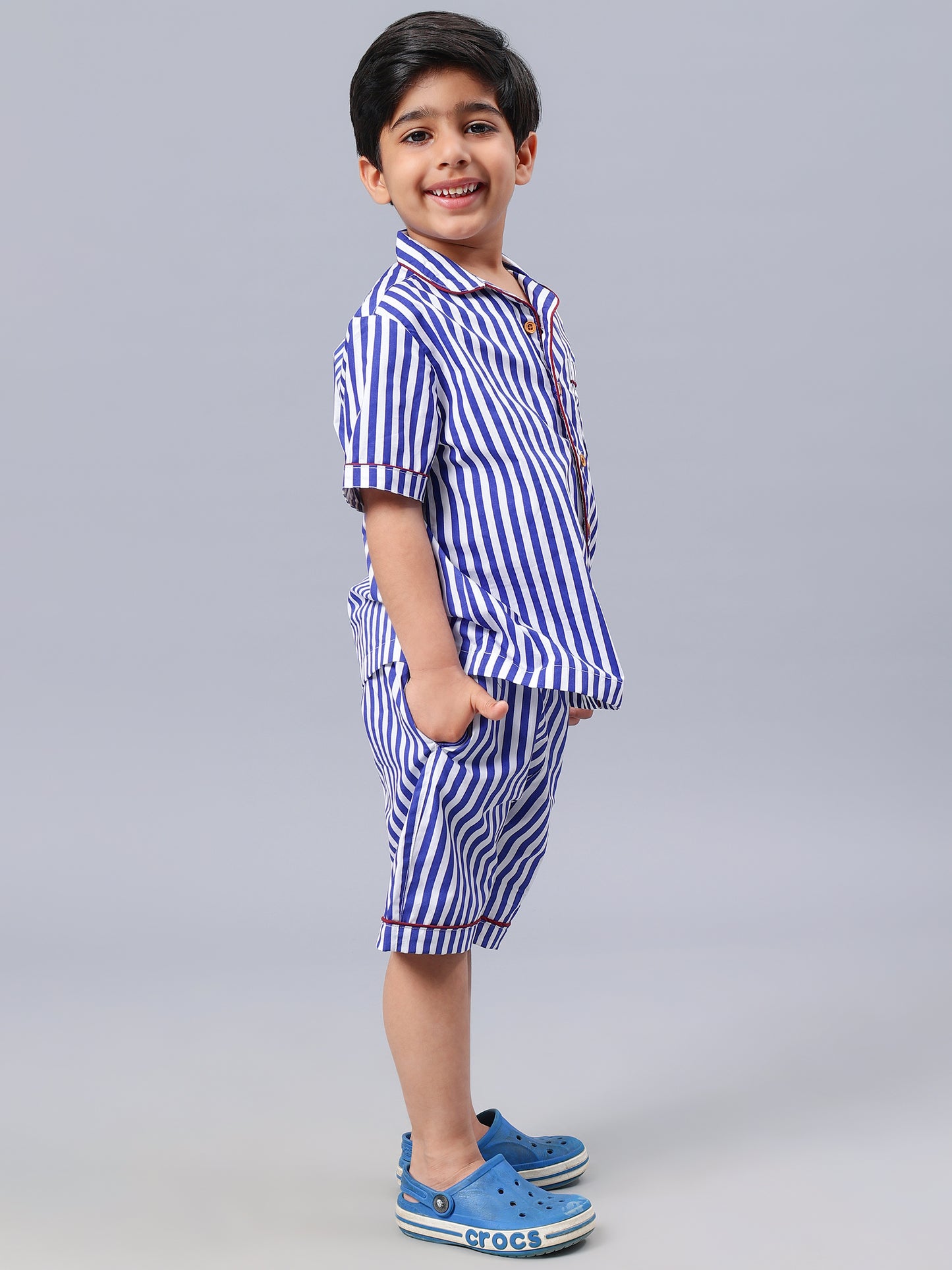 White & Blue Striped Night Suits For Girls & Boys
