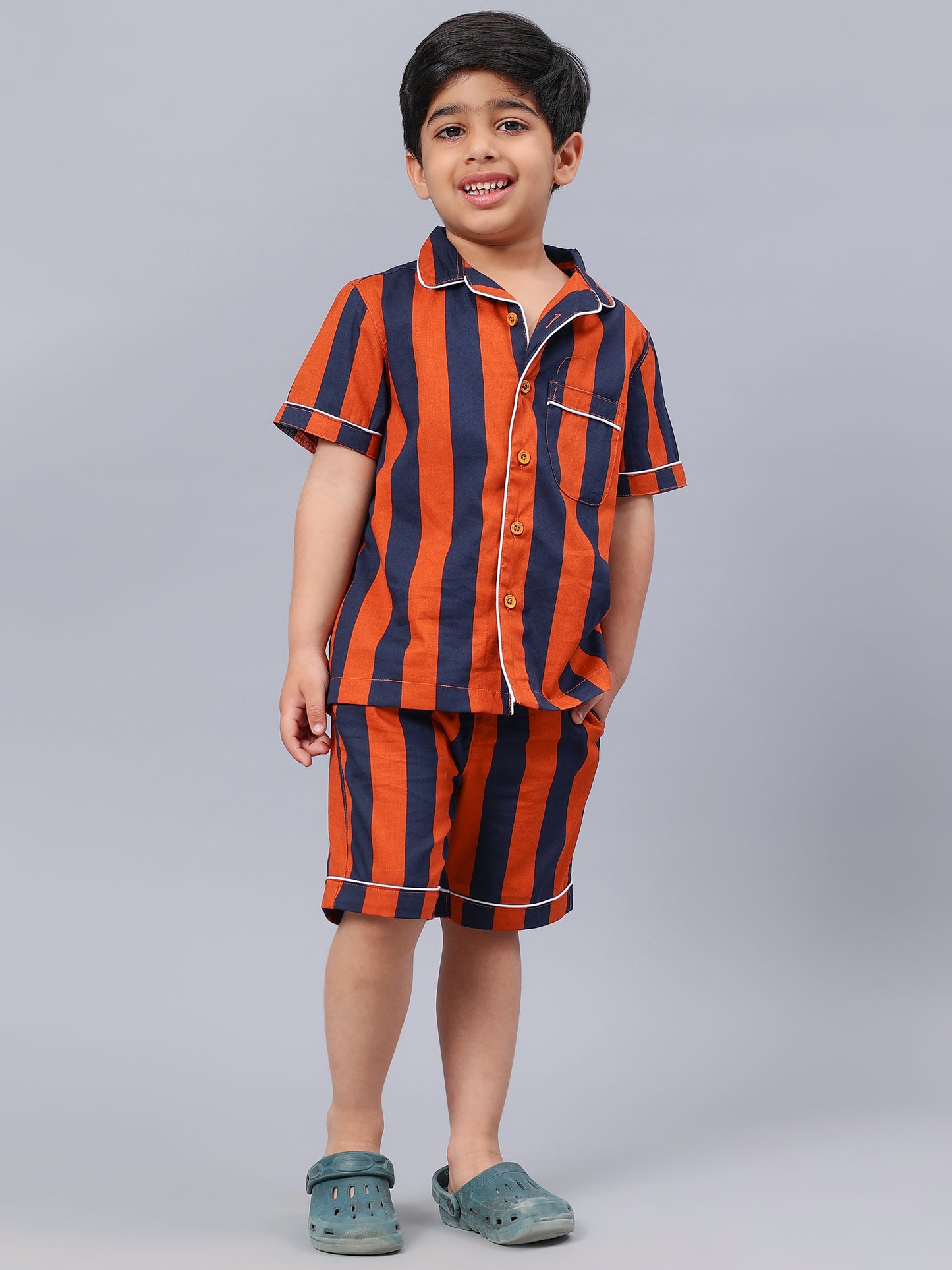 Striped Half Sleeves Night Suits For Boys