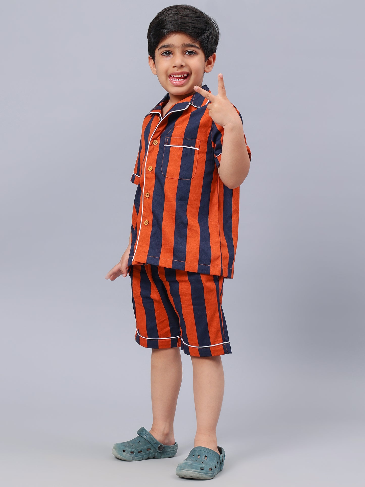 Striped Half Sleeves Night Suits For Boys