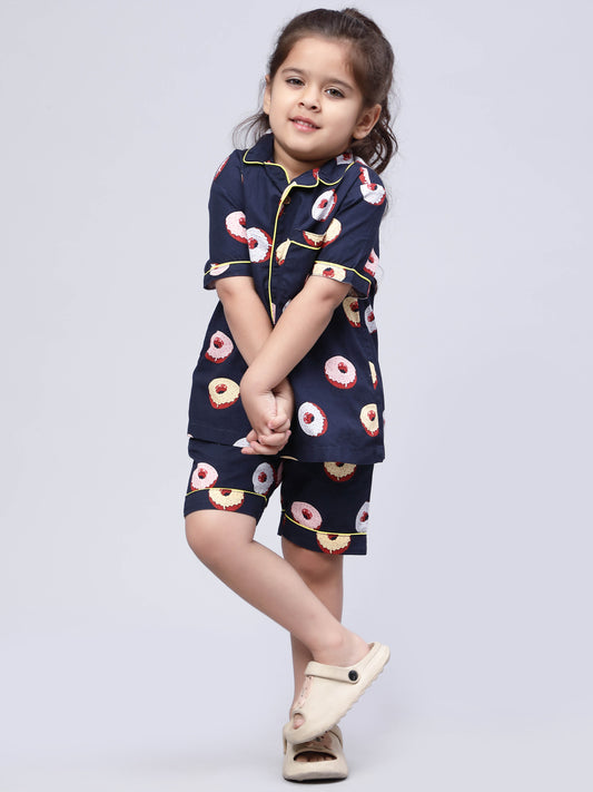 Notched Unisex nightsuit in Fun Donut Print- Navy