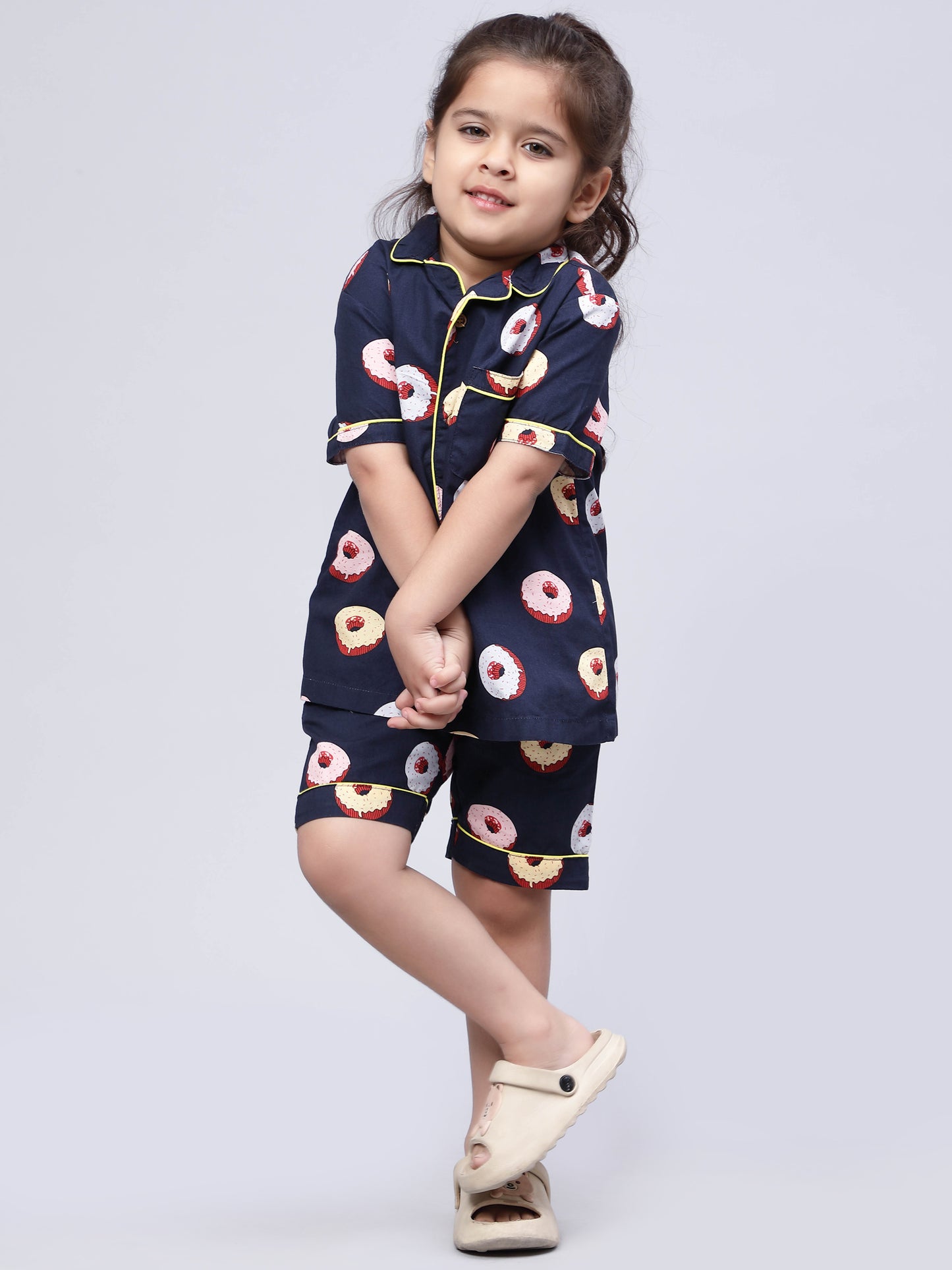 Notched Unisex Nightuit in Fun Donut Print- Navy
