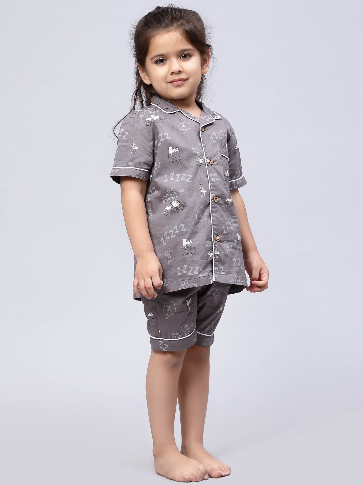 Notched Night suit for Girls & Boys- Grey
