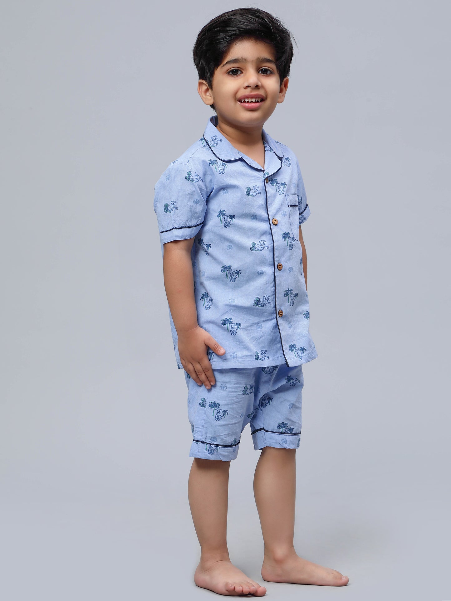 Notched Lil Cub Print Night Suits for Girls & Boys