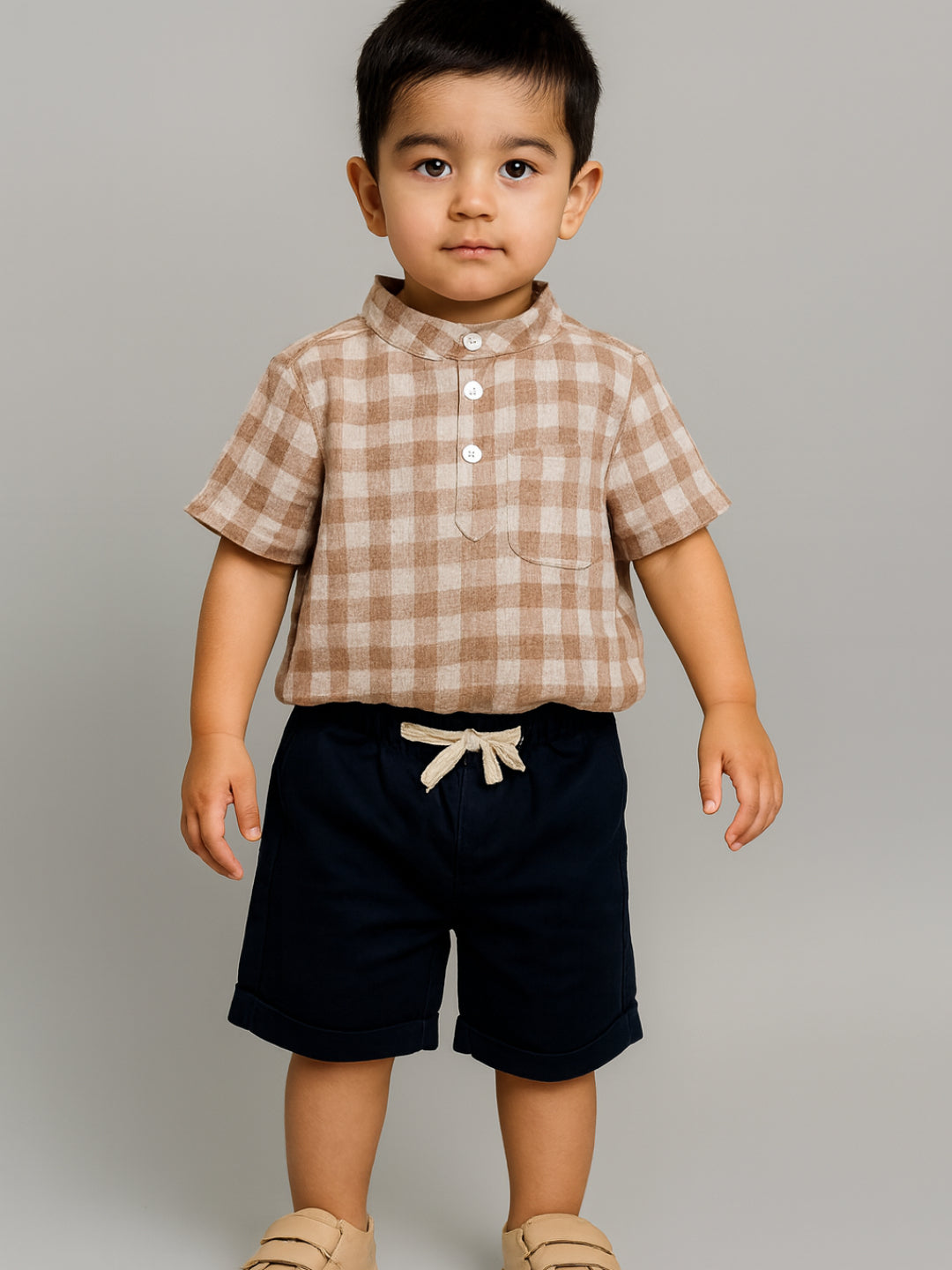 Infants Boys Mandarin Collar Checks Shirts and Shorts