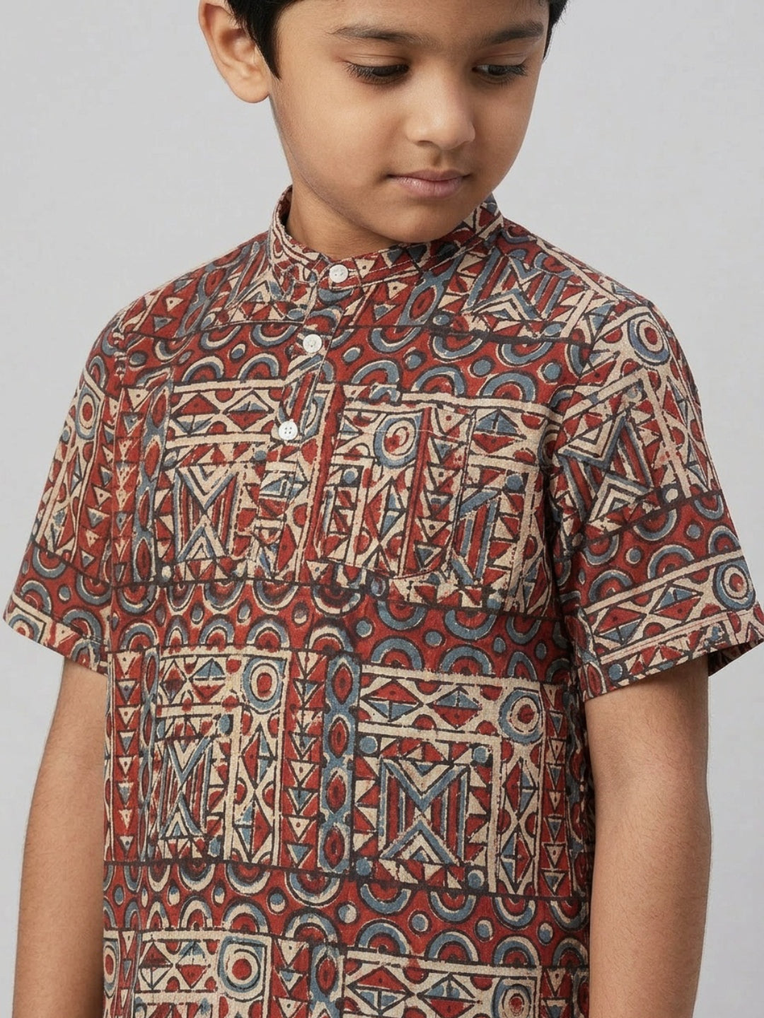 Biglilpeople Boys Ethnic Print Mandarin Collar Short Sleeves Shirt