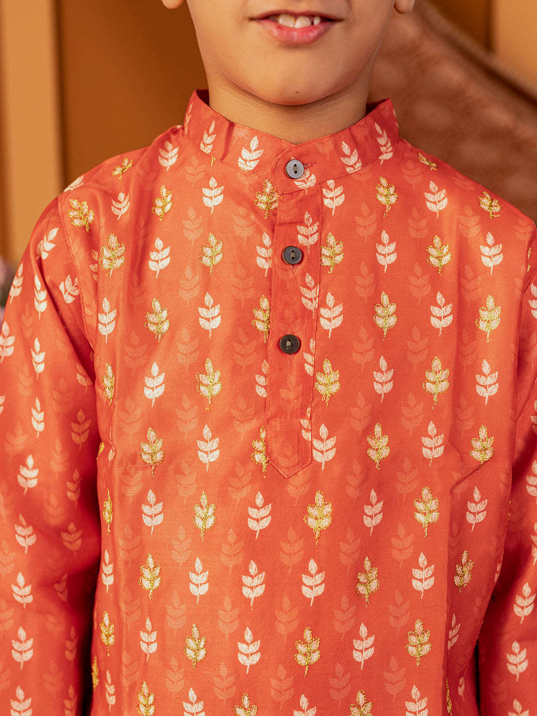 Boys Kurta Pyjama Set in Chanderi Cotton Silk- Orange