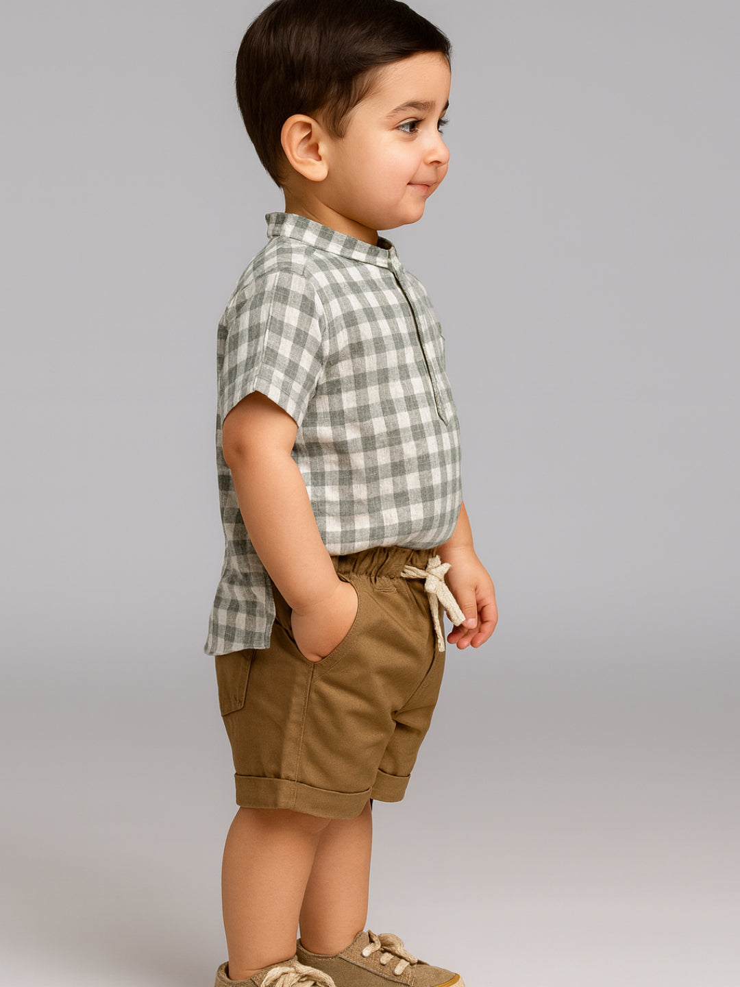 Infants Boys Mandarin Collar Checks Shirts and Shorts