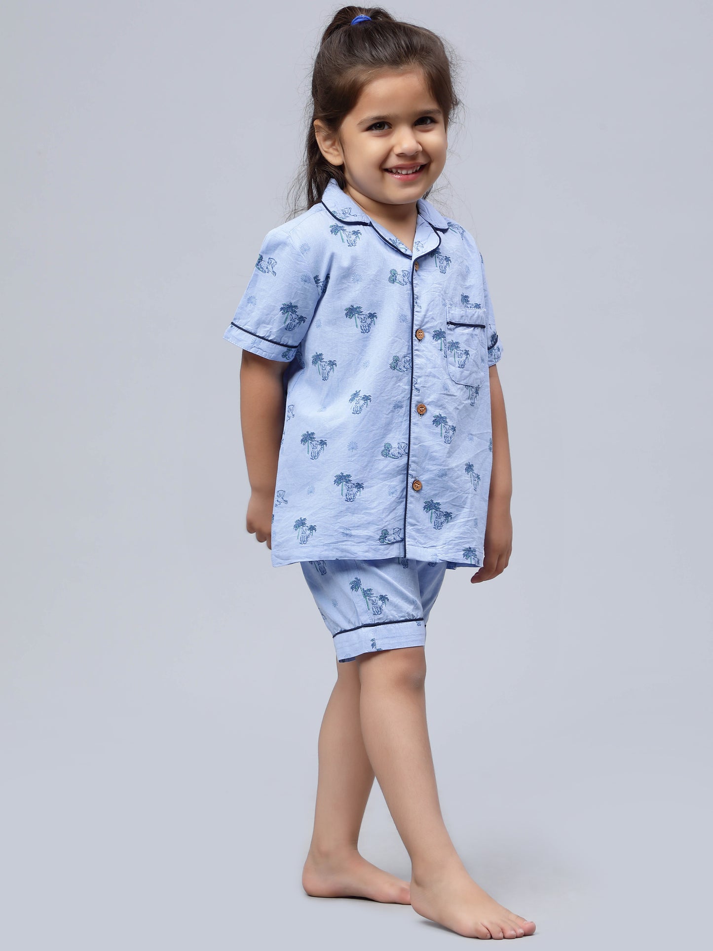 Notched Lil Cub Print Night Suits for Girls & Boys