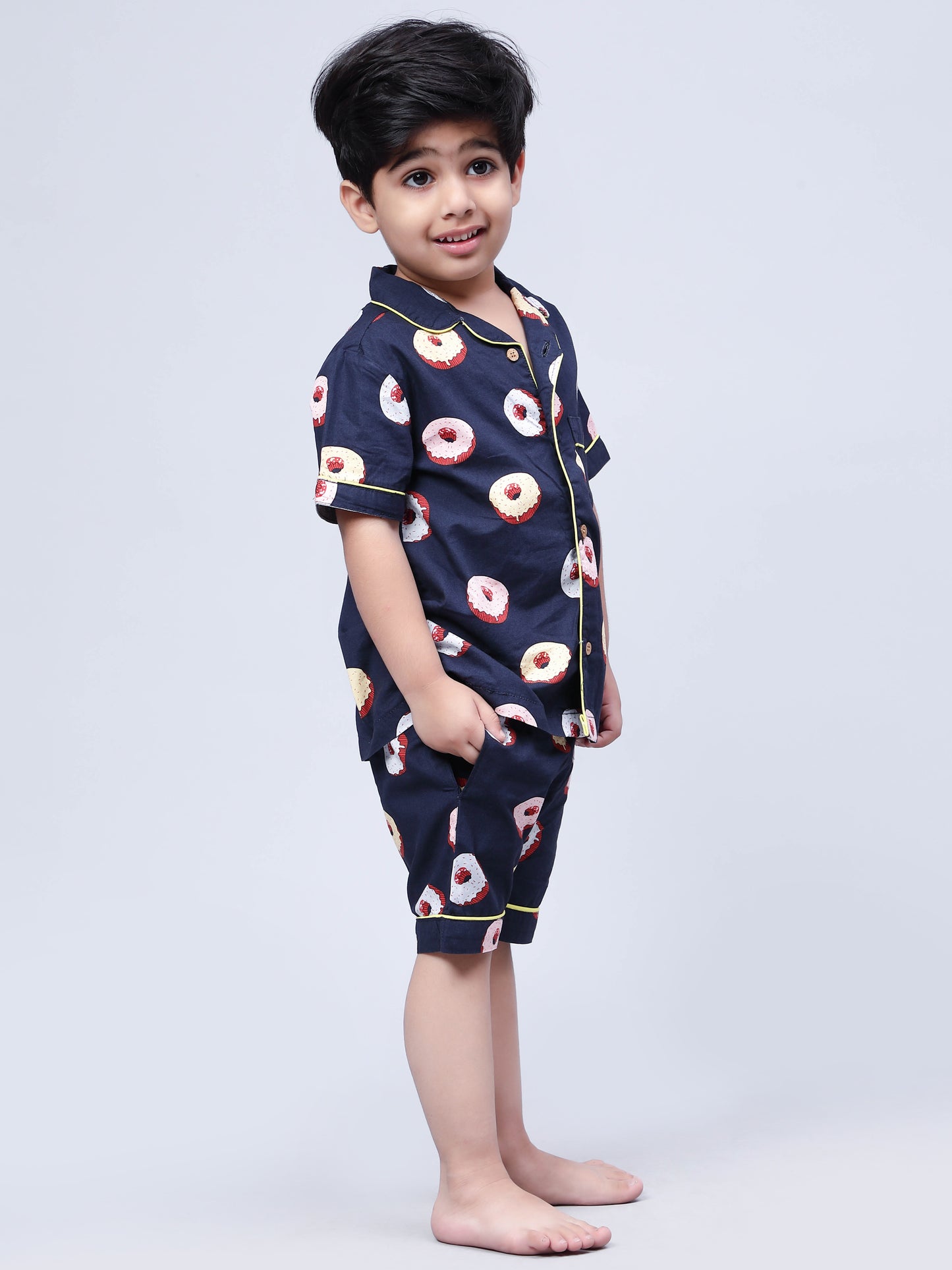 Notched Unisex Nightuit in Fun Donut Print- Navy