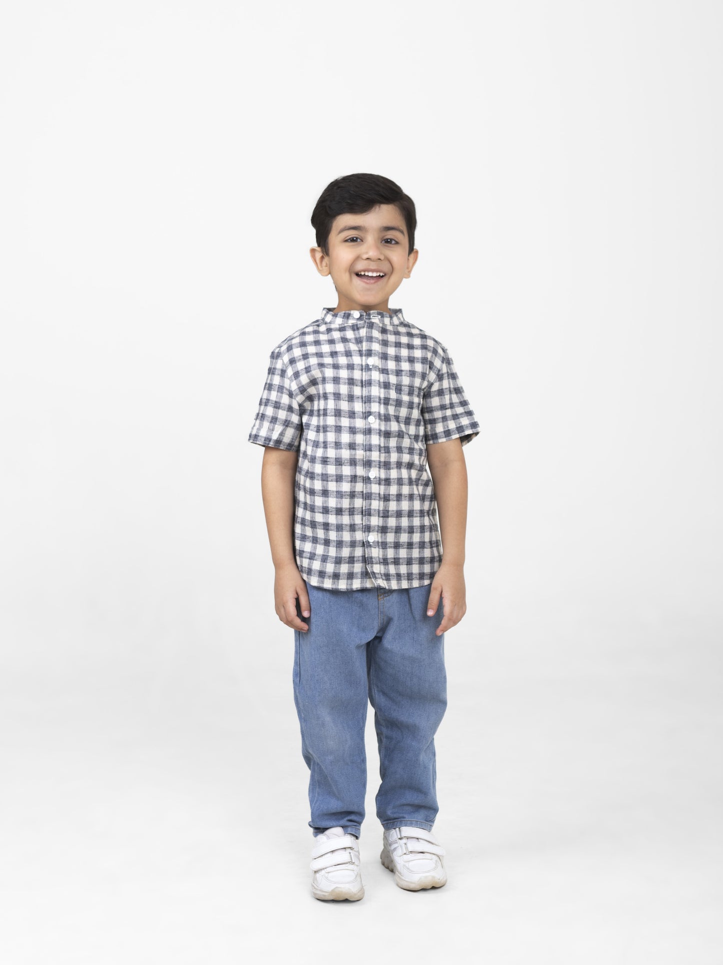 Boys Cotton Half Sleeves Mandarin Collar Shirts (Navy Blue)