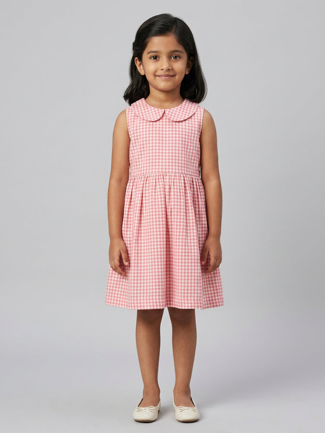 Girls Off White & Pink checked Knee Length Peter Pan Collar Dress
