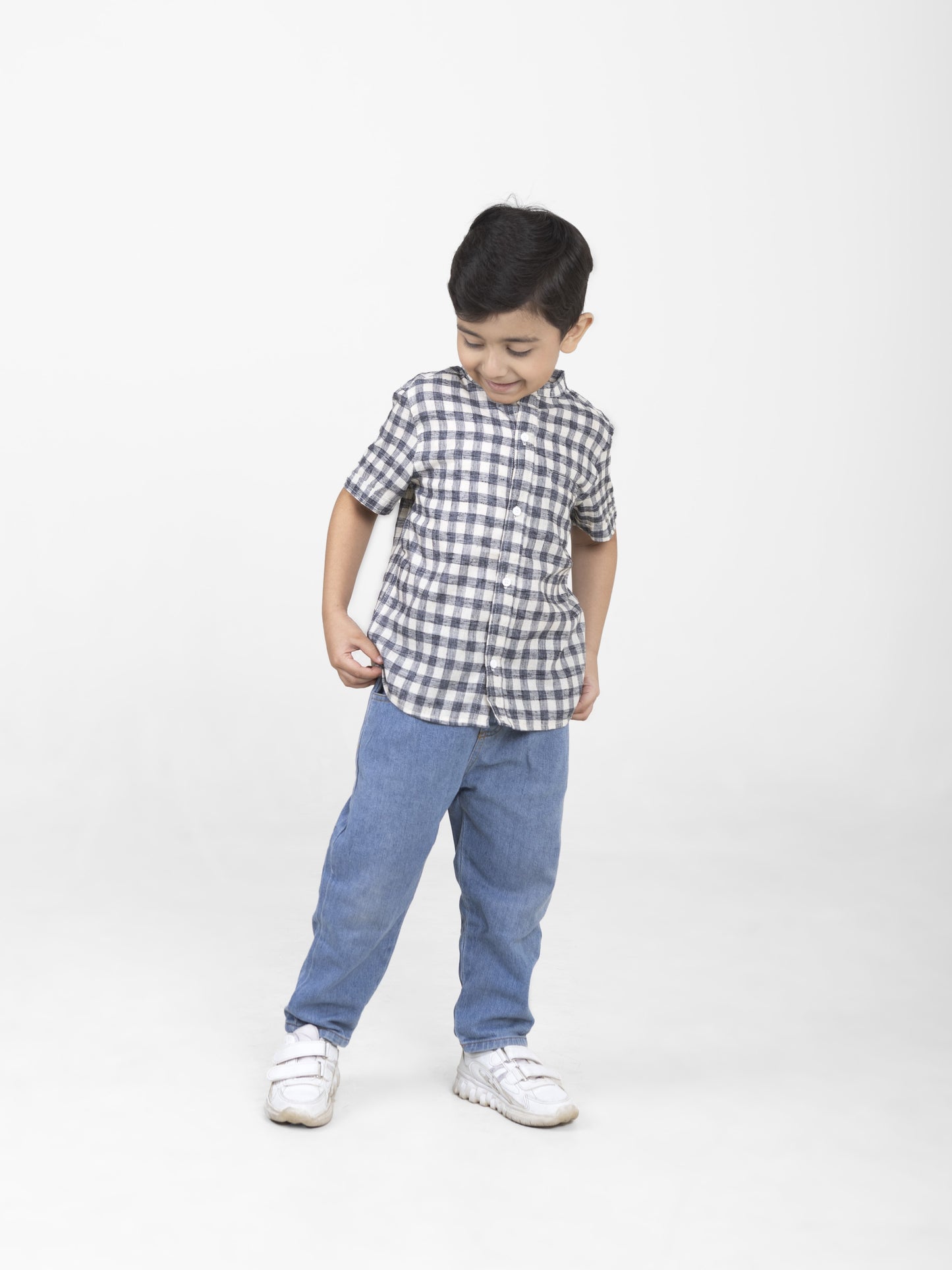Boys Cotton Half Sleeves Mandarin Collar Shirts (Navy Blue)