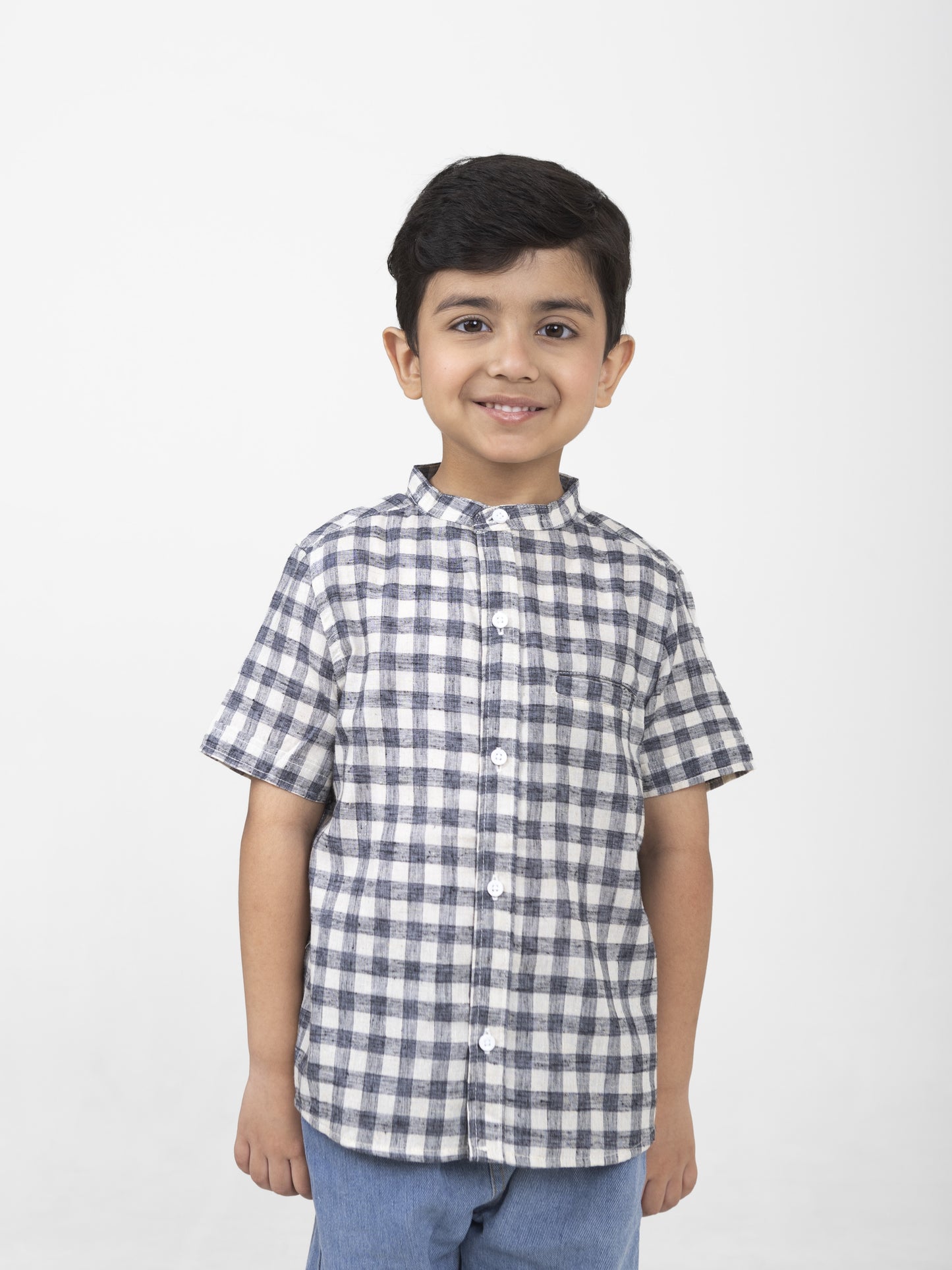 Boys Cotton Half Sleeves Mandarin Collar Shirts (Navy Blue)