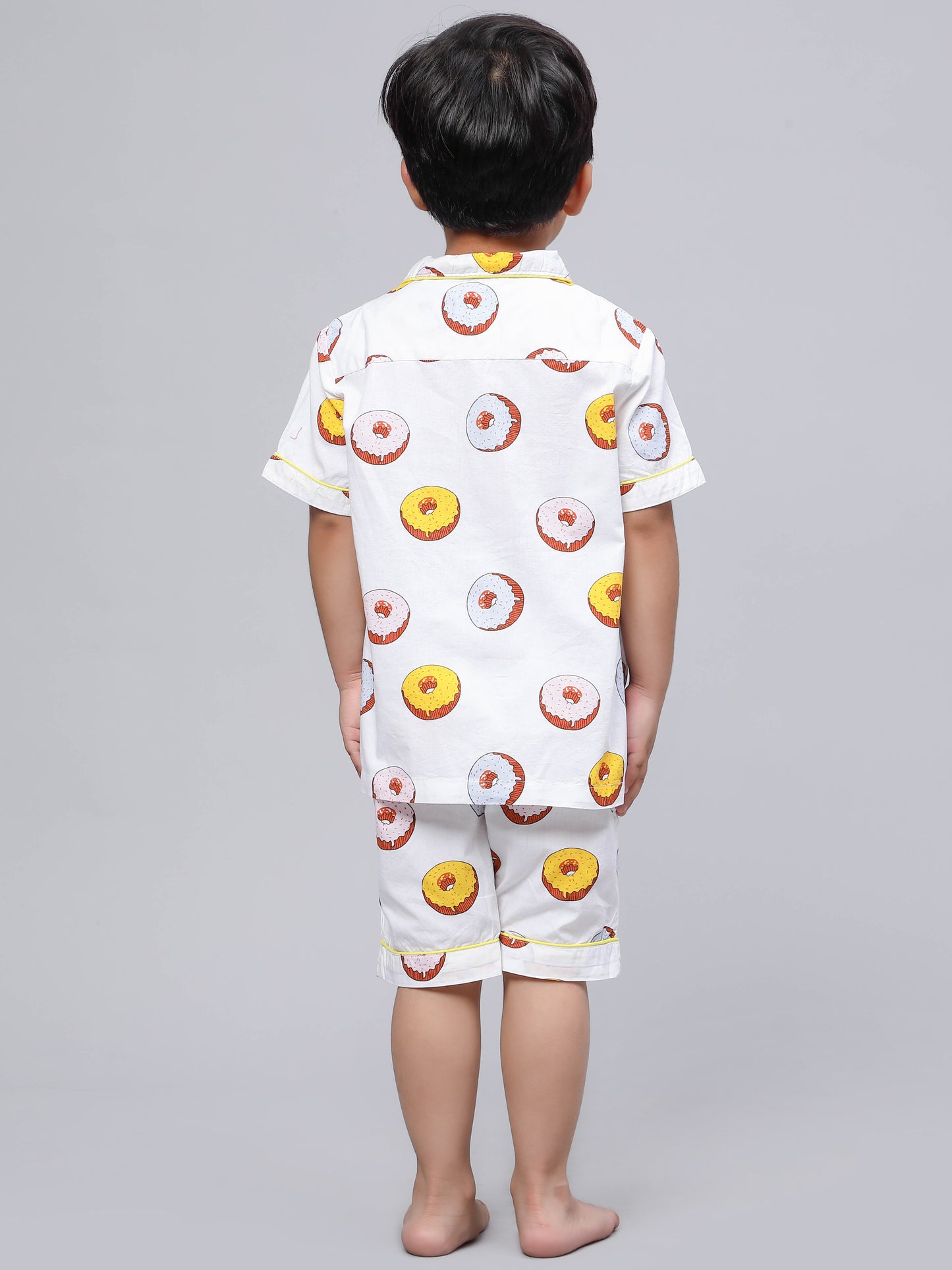 Notched Unisex nightsuit in Fun Donut Print- White