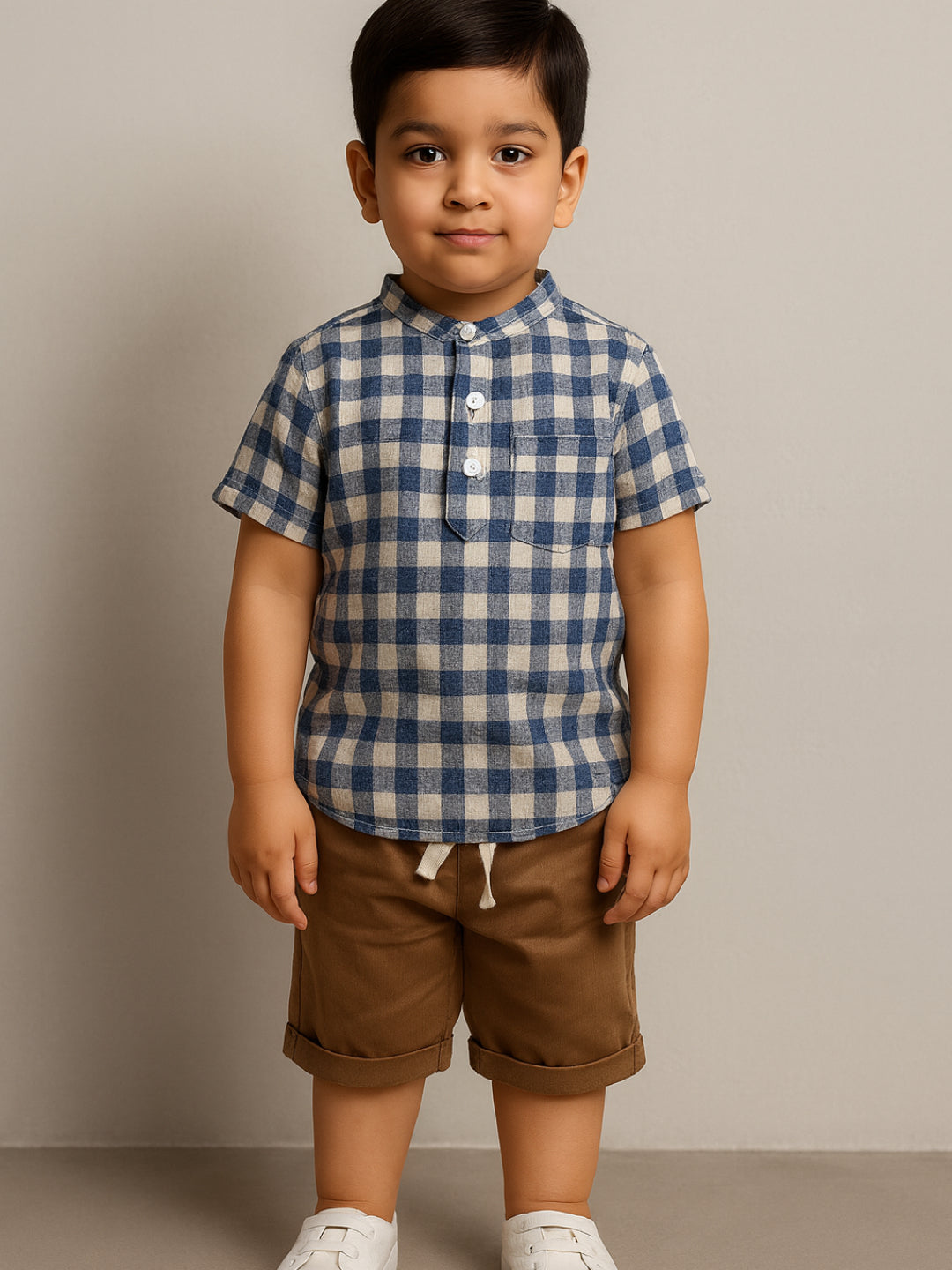 Infants Boys Mandarin Collar Checks Shirts and Shorts