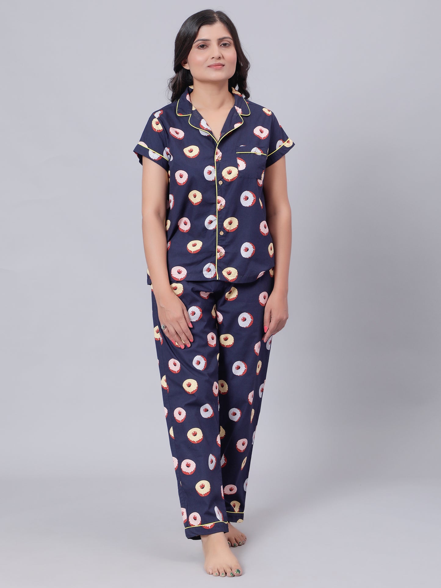 Notched Unisex Nightuit in Fun Donut Print- Navy