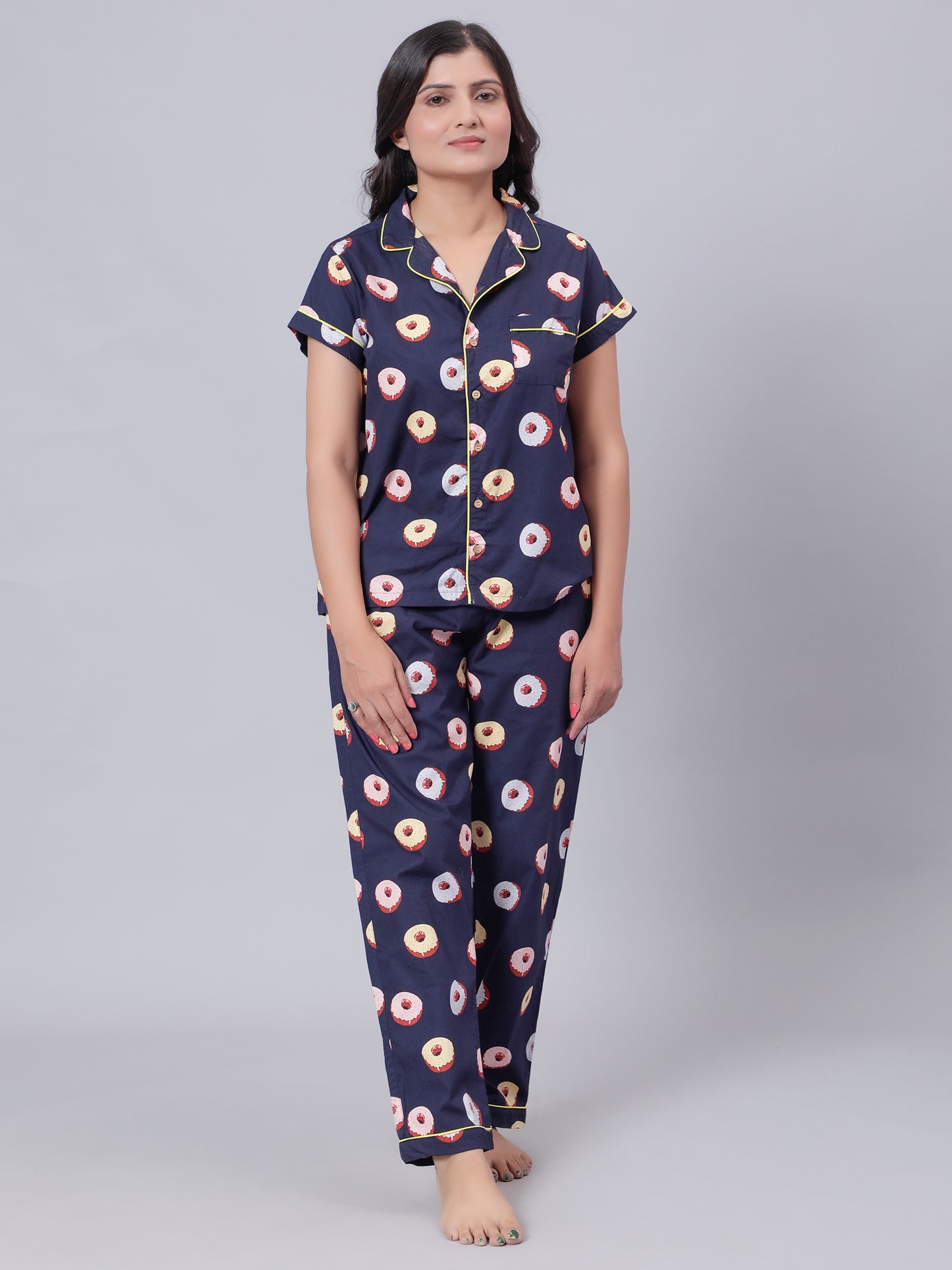 Notched Unisex nightsuit in Fun Donut Print- Navy