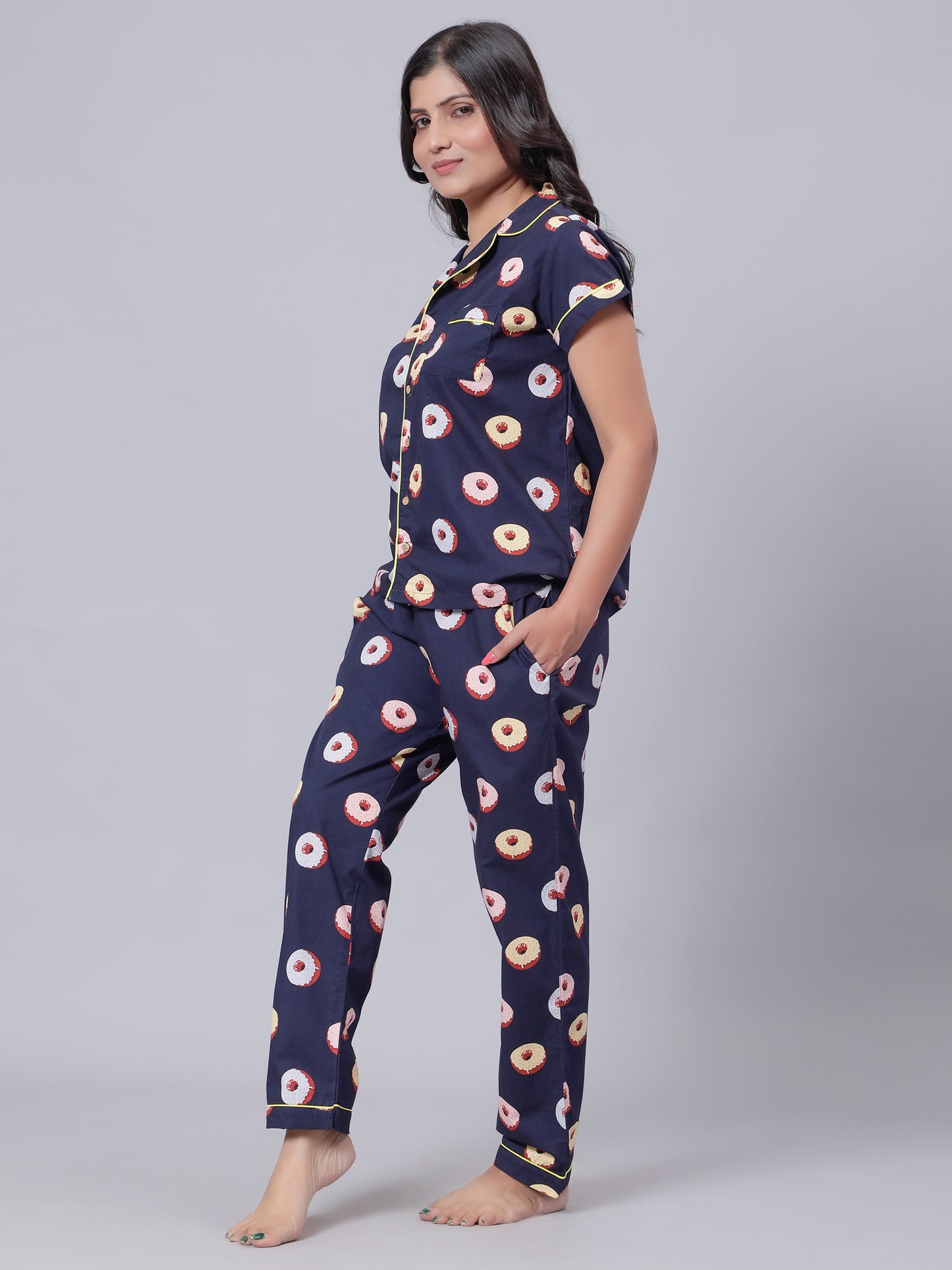 Notched Unisex Nightuit in Fun Donut Print- Navy