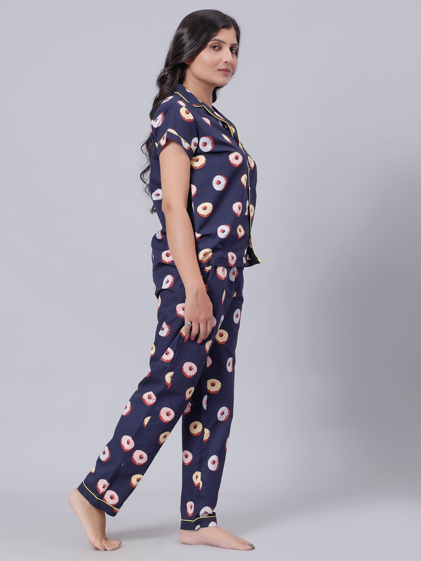 Notched Unisex Nightuit in Fun Donut Print- Navy