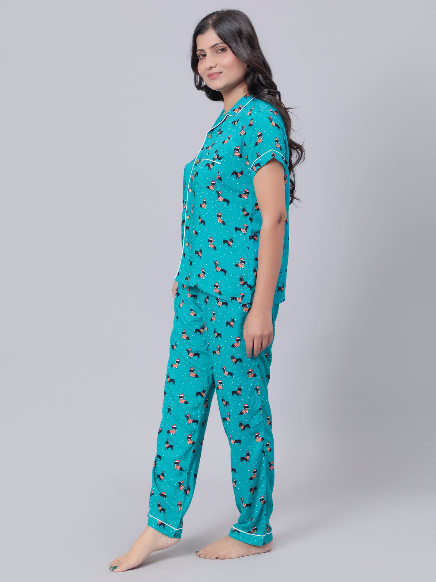 Notched Unisex Night Suits in Dachshund Puppies Print