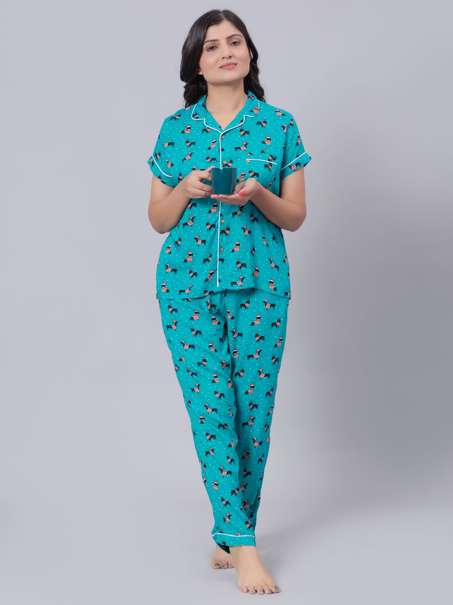 Notched Unisex Night Suits in Dachshund Puppies Print
