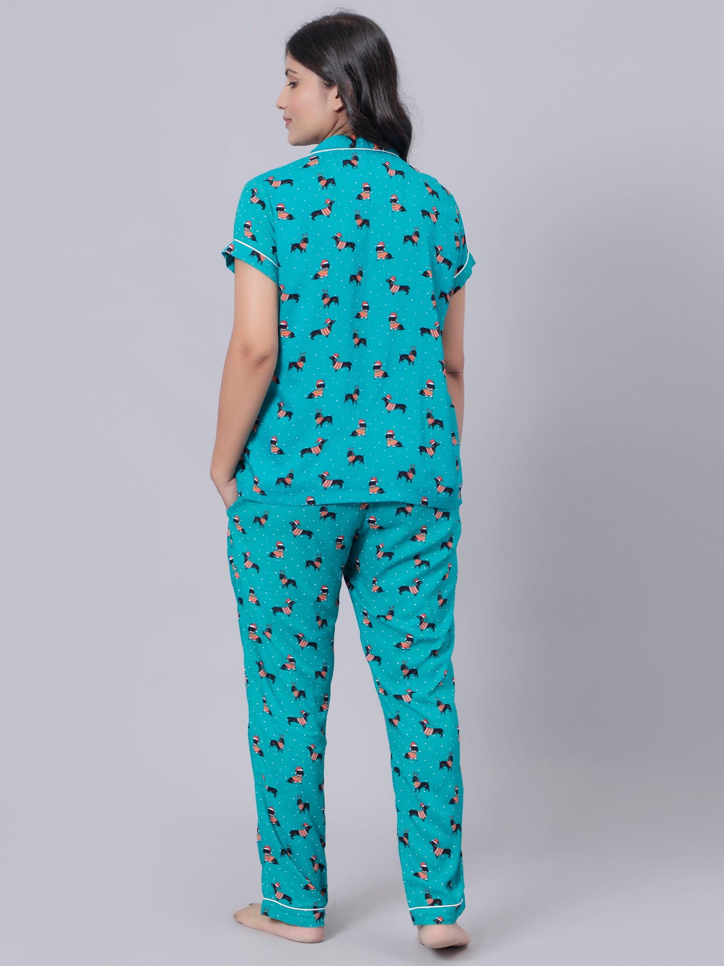 Notched Unisex Night Suits in Dachshund Puppies Print