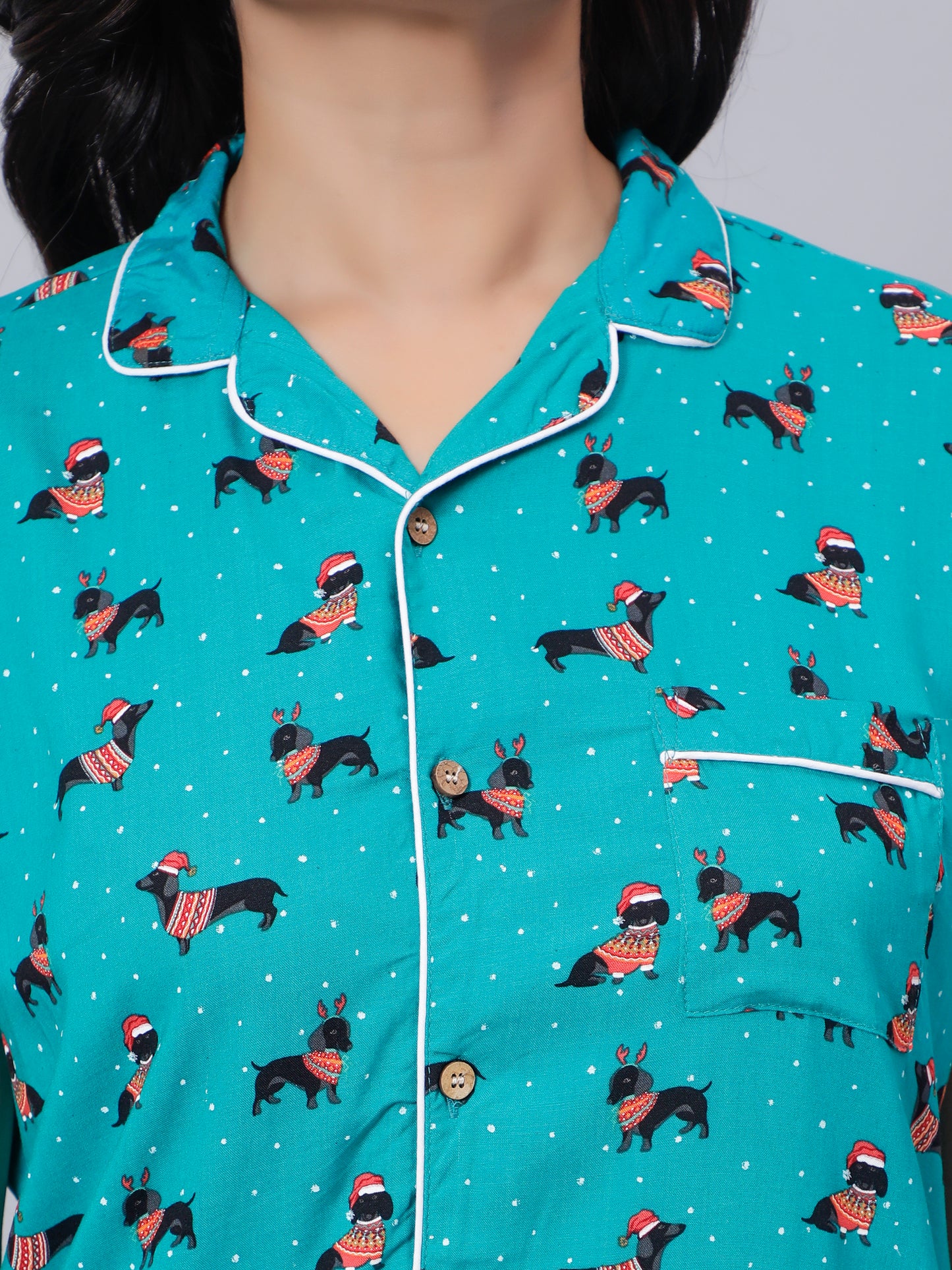 Notched Unisex Night Suits in Dachshund Puppies Print