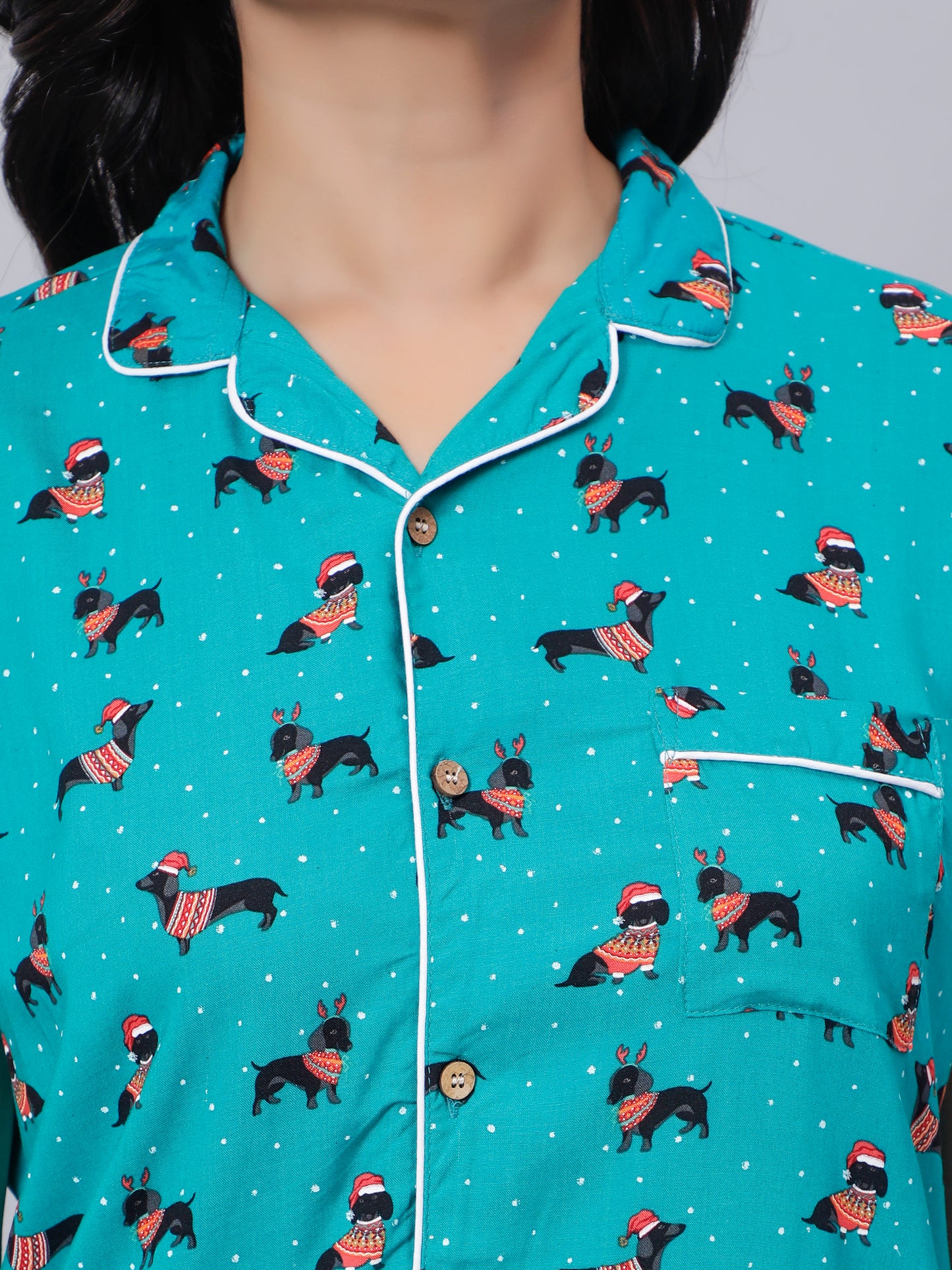 Notched Unisex nightsuit in Dachshund Puppies Print