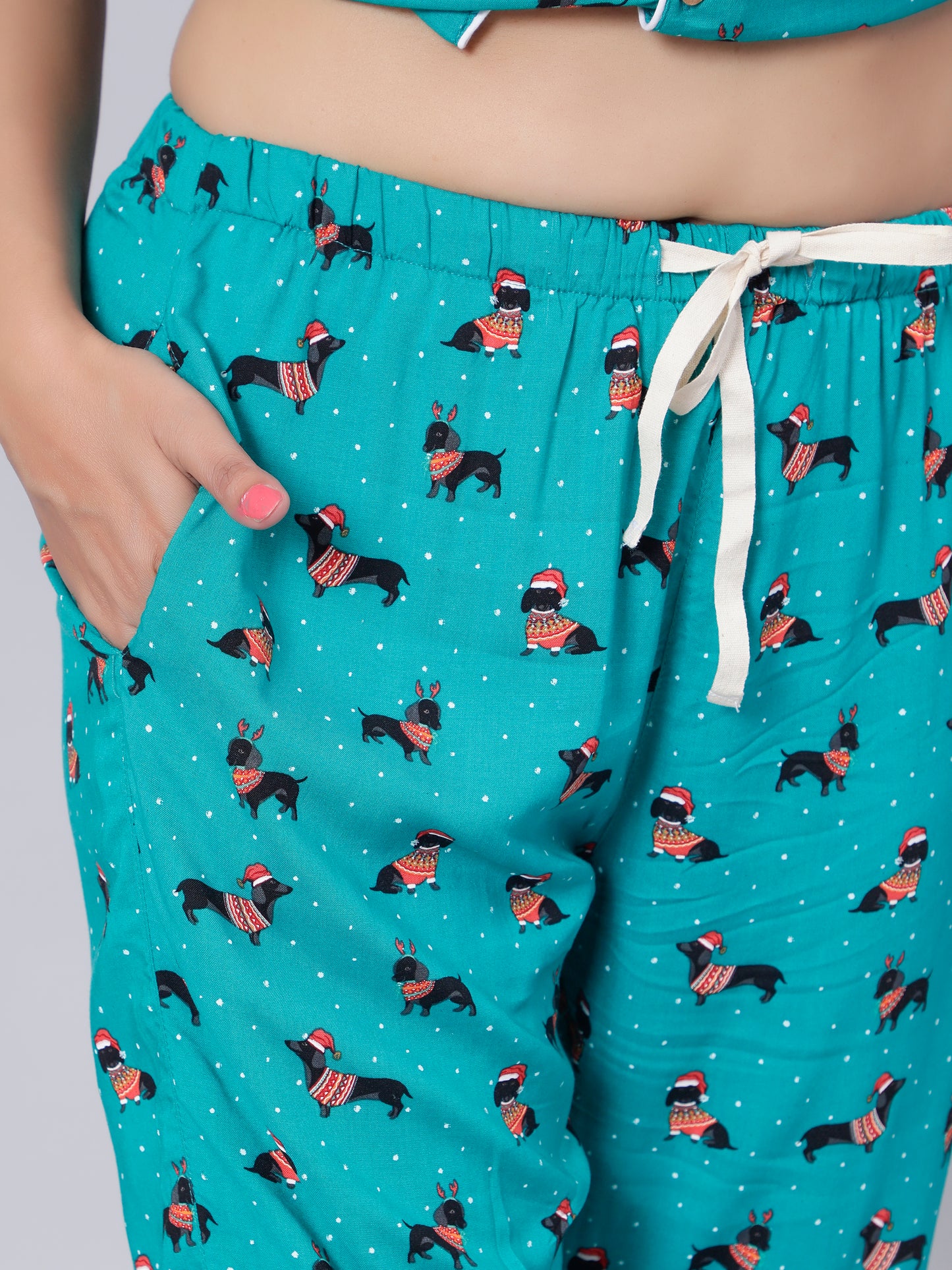Notched Unisex Night Suits in Dachshund Puppies Print