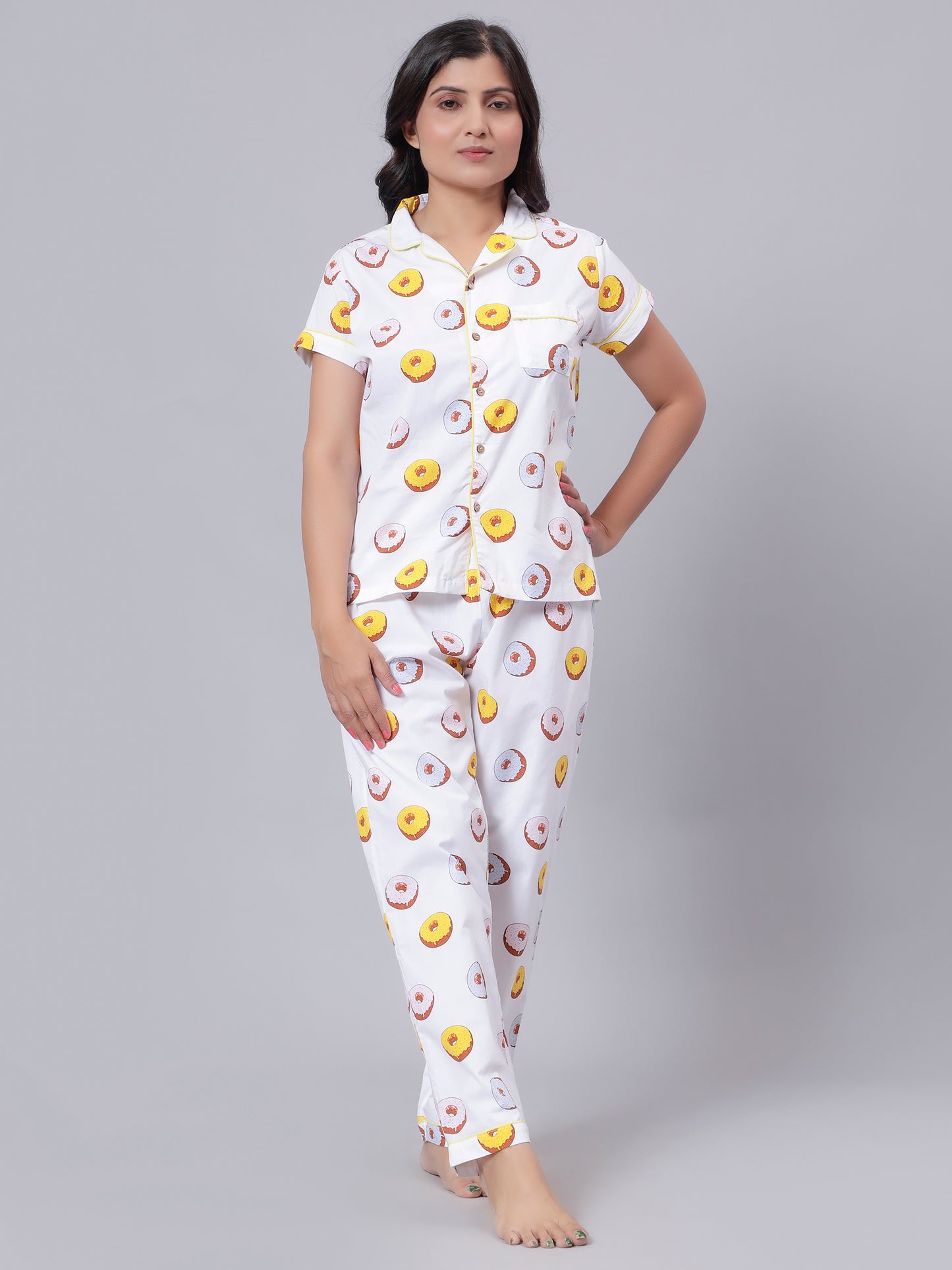 Notched Unisex Nightuit in Fun Donut Print- White
